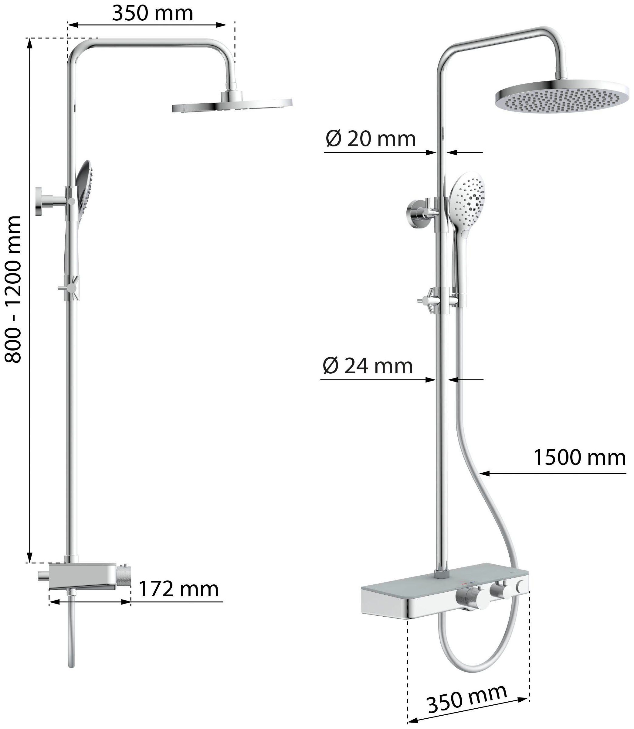 Eisl Douchestang-set Futura met thermostatische mengkraan en glasplaat, handdouche met 3 functies (complete set)