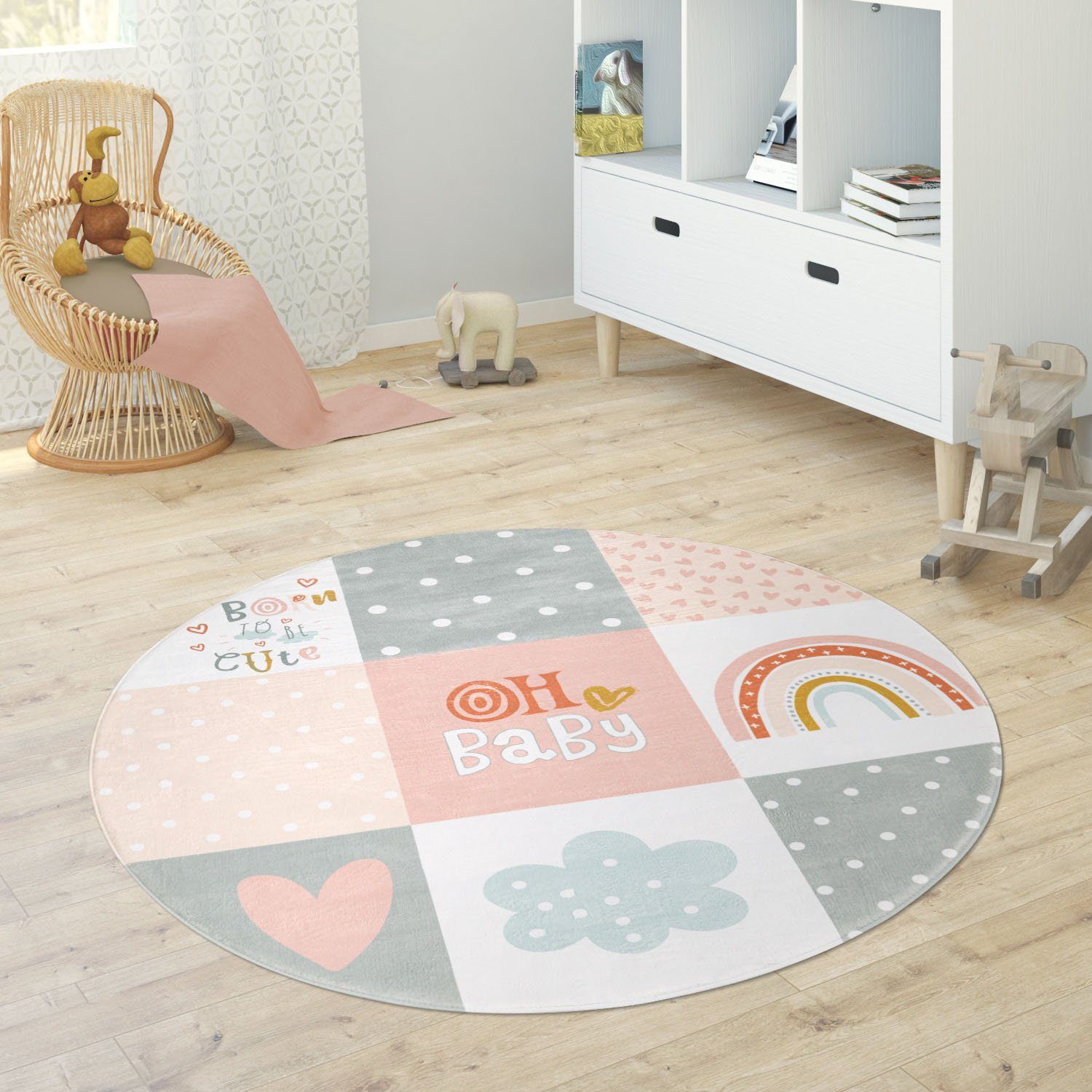 Paco Home Kindervloerkleed Chicos 554 geweven, patchworkdesign, met een opschrift & regenboog of sterretjes