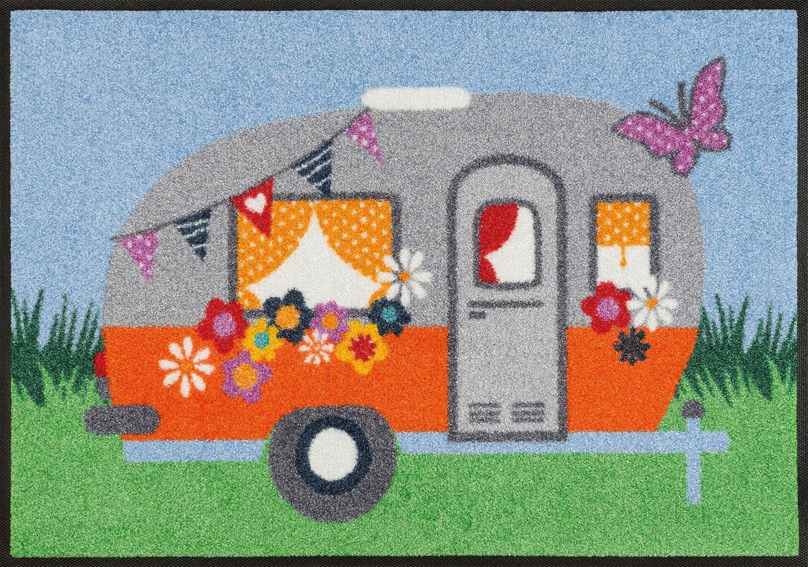 wash+dry by Kleen-Tex Mat Happy Camping Inloopmat, motief caravan, antislip, wasbaar deurmatten maat 40 cm x 60 cm x 7 mm blauw