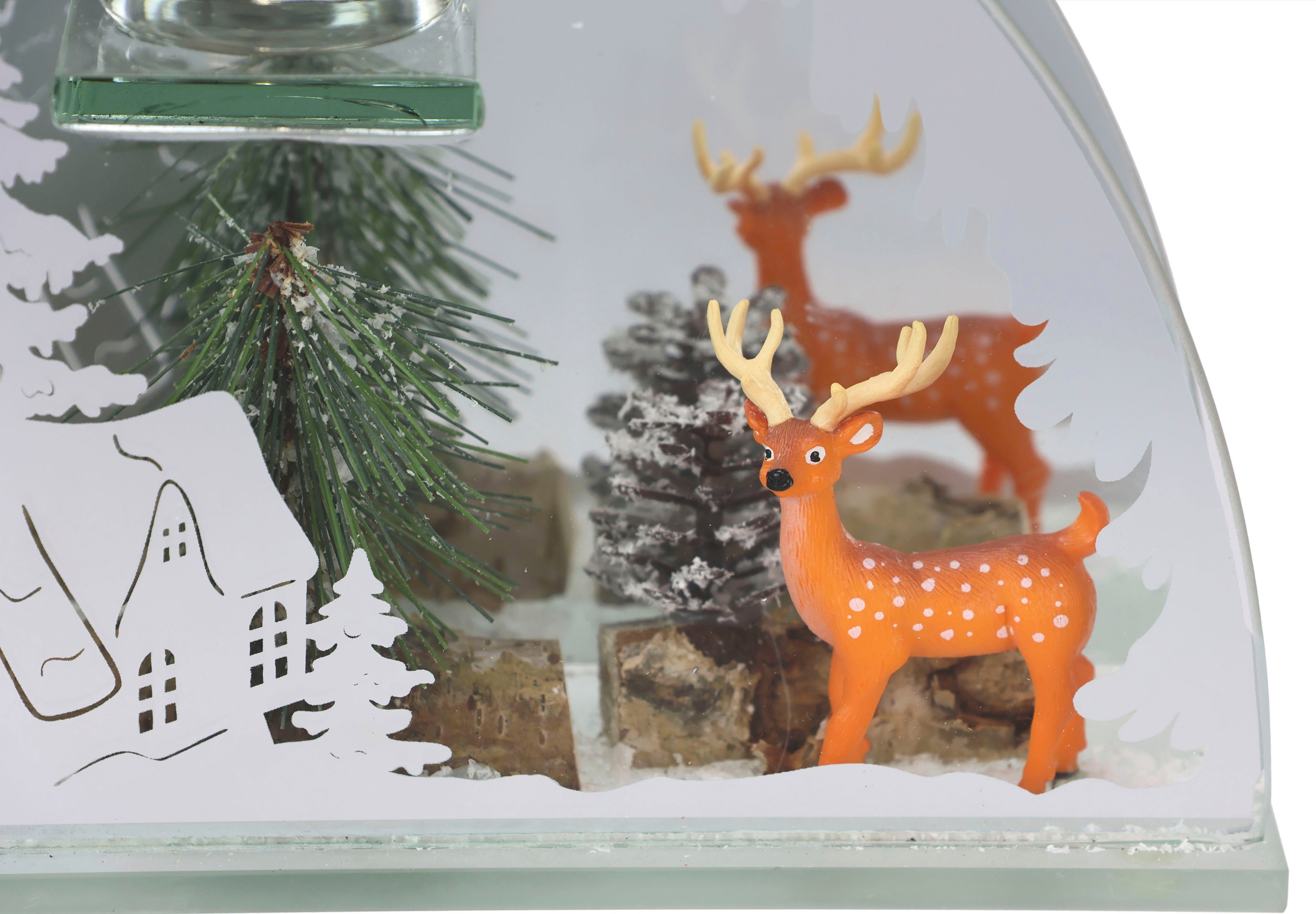 I.GE.A. Waxinelichthouder Kerstdecoratie, kaarsenhouder, decoratie-object van spiegelglas, met hertdecoratie in winterlandschap, hoogte ca. 15 cm (1 stuk)