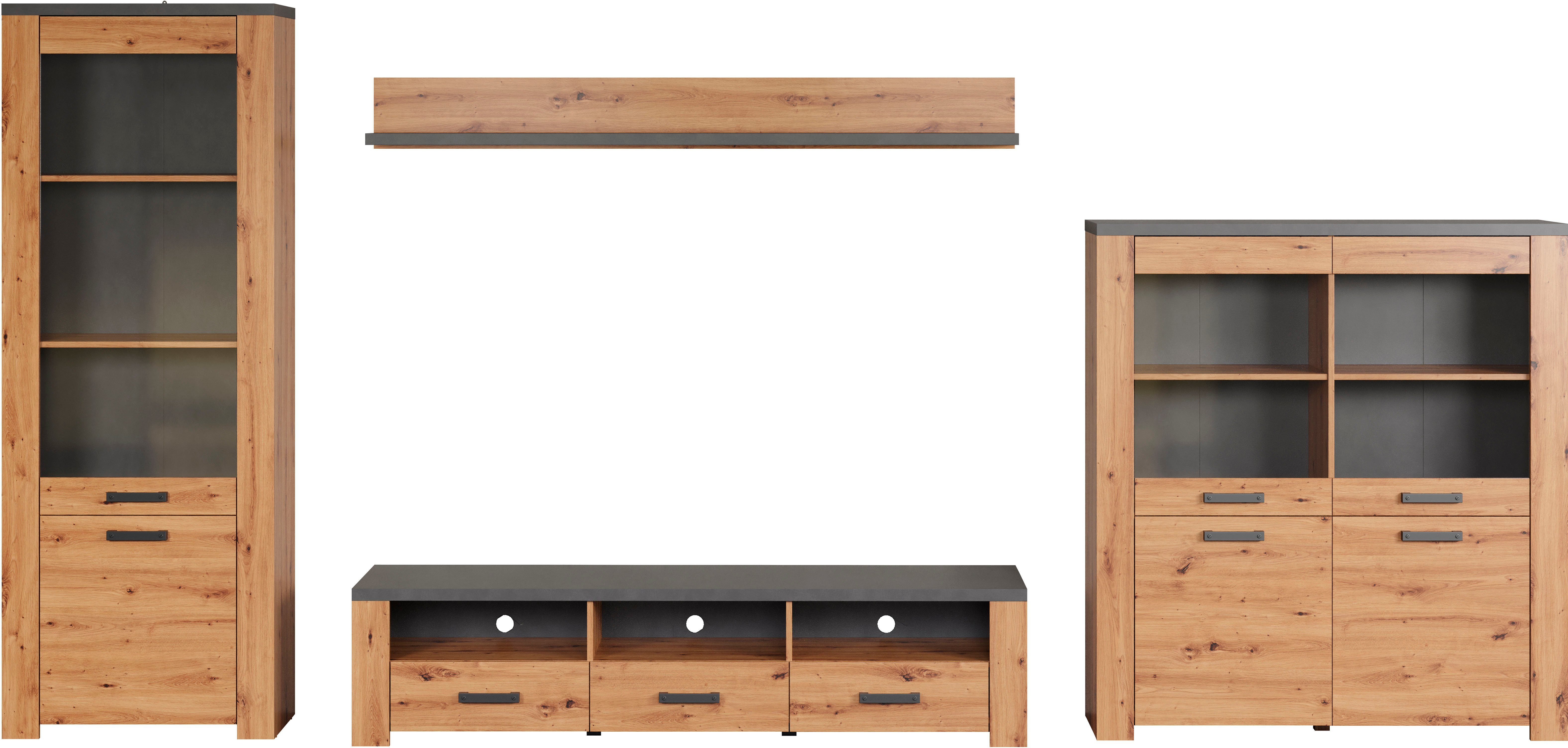 Home affaire Tv-wandmeubel Ambres Moderne tv-set, echt-hout-look, breedte ca. 409 cm, mat (4-delig)
