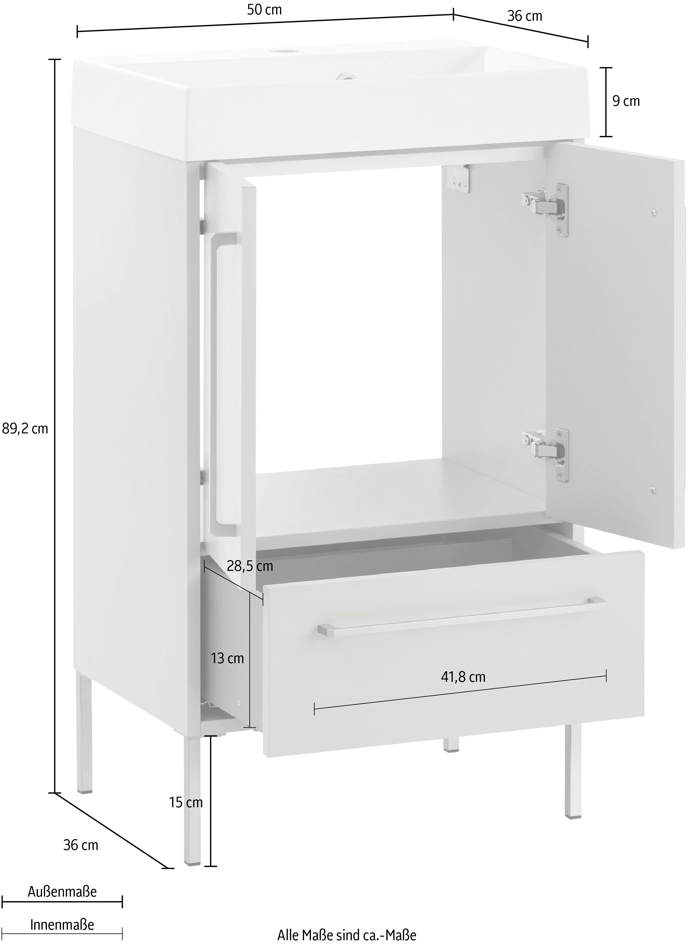 Schildmeyer Wastafelonderkast Sari Breedte 50 cm, mineraalmarmeren wasbak, grepen & poten koperkleur