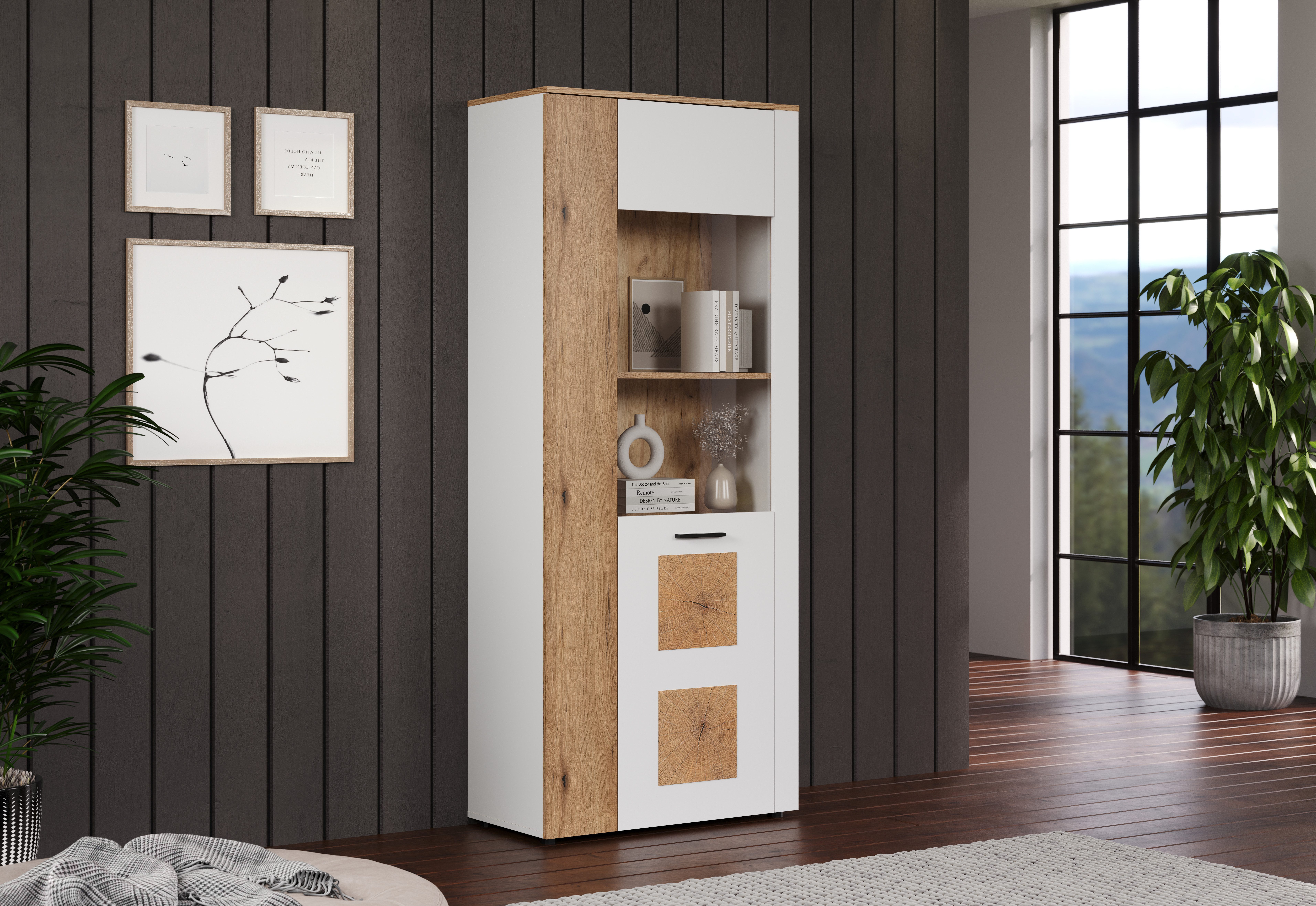 INOSIGN Staande vitrinekast Linz Woonkamer vitrine in wit/eik met eindhout applicaties (1 stuk)