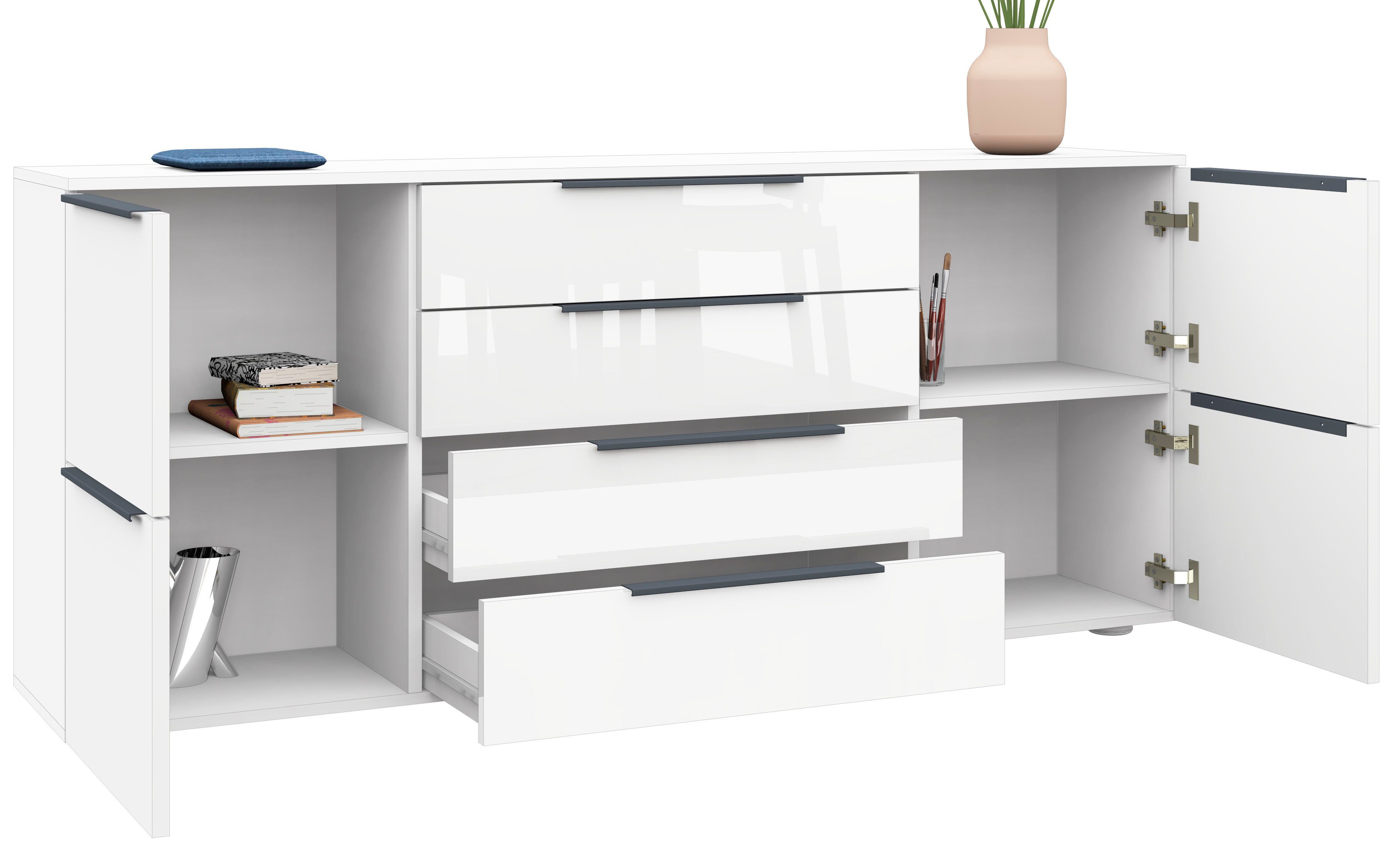 borchardt Möbel Dressoir Tom Breedte 166 cm, verstelbare legplanken, gelakte alu-profielgrepen