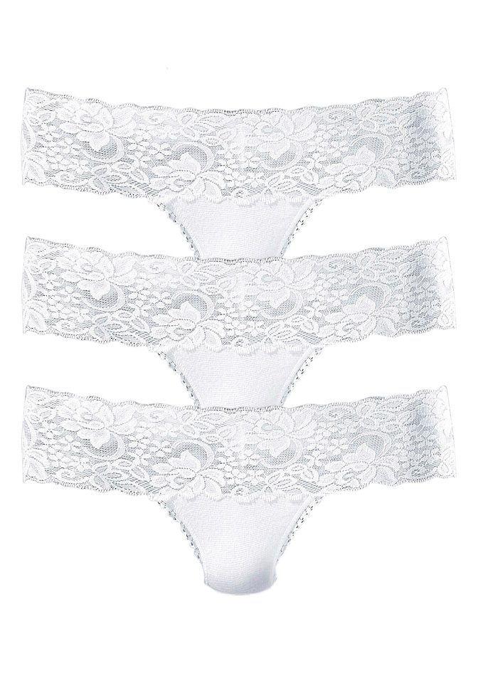 Vivance String van elastische katoen met florale kant (3 stuks) dames strings maat 32/34 wit