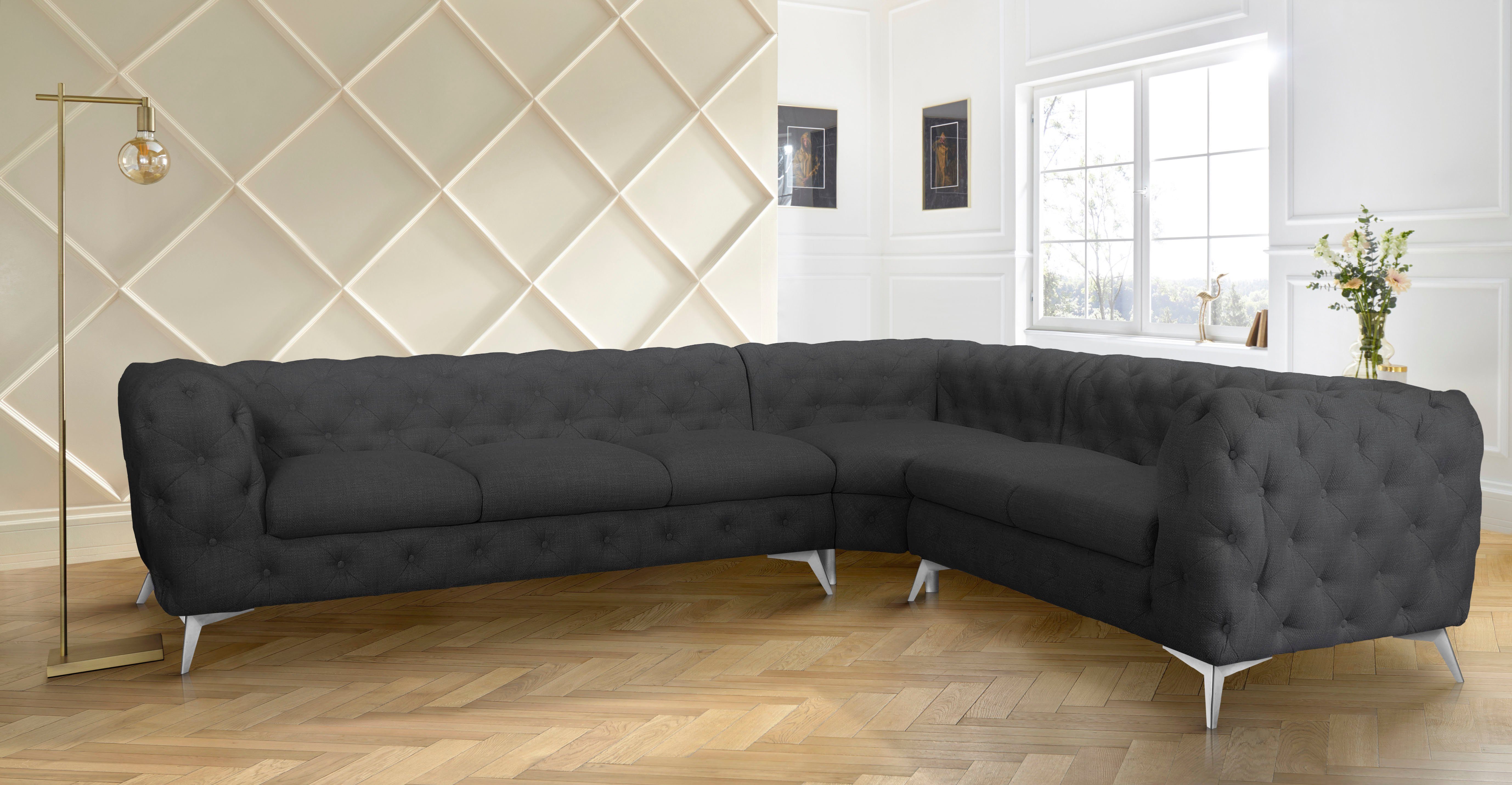 Leonique Chesterfield-bank Glynis L-vorm luxueuze capitonnage, moderne chesterfield look, kleur van de poten ter keuze