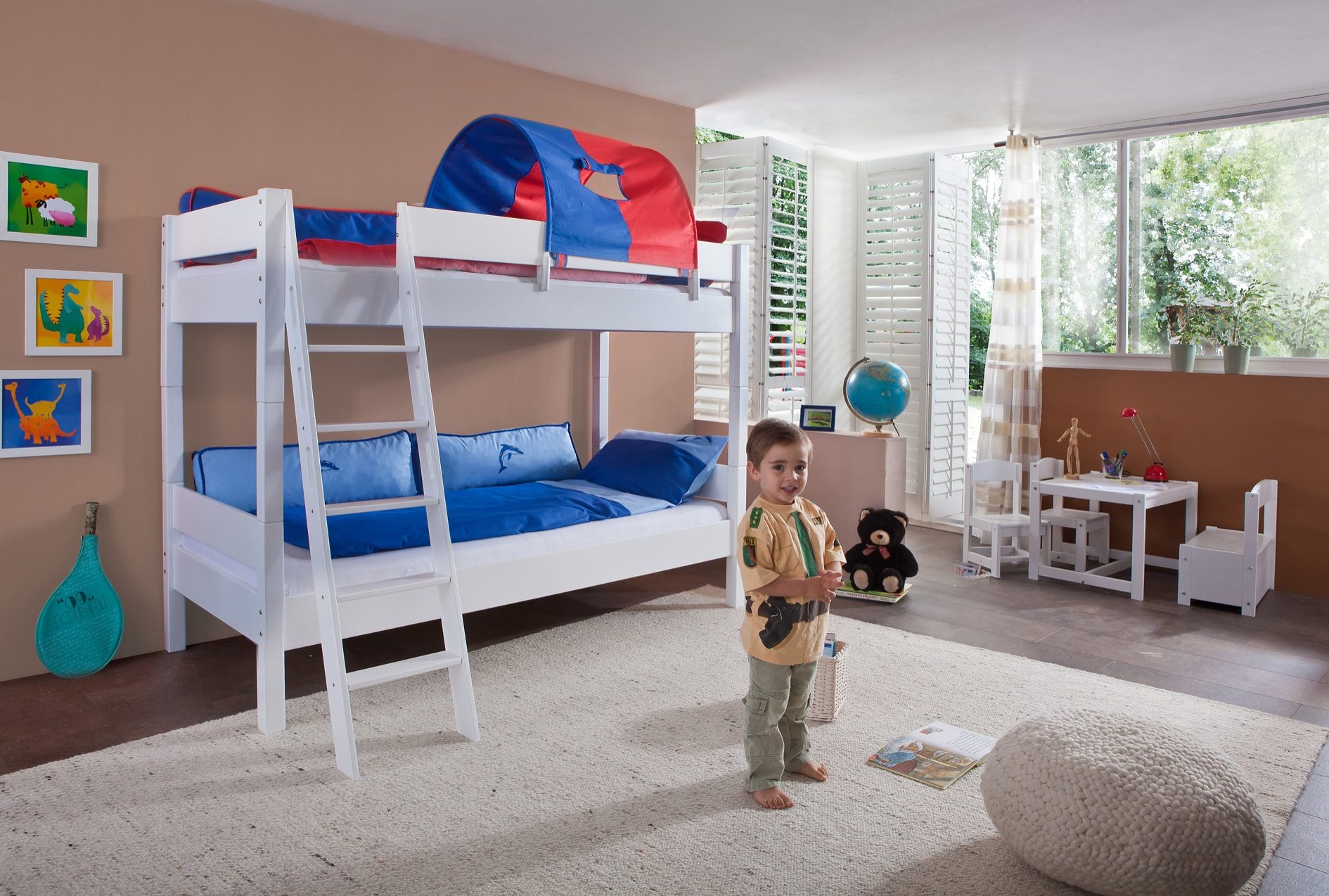 Relita Stapelbed Stefan incl. oprolbaar lattenbodem, met ladder en valbeveiliging, textiel set, beuken