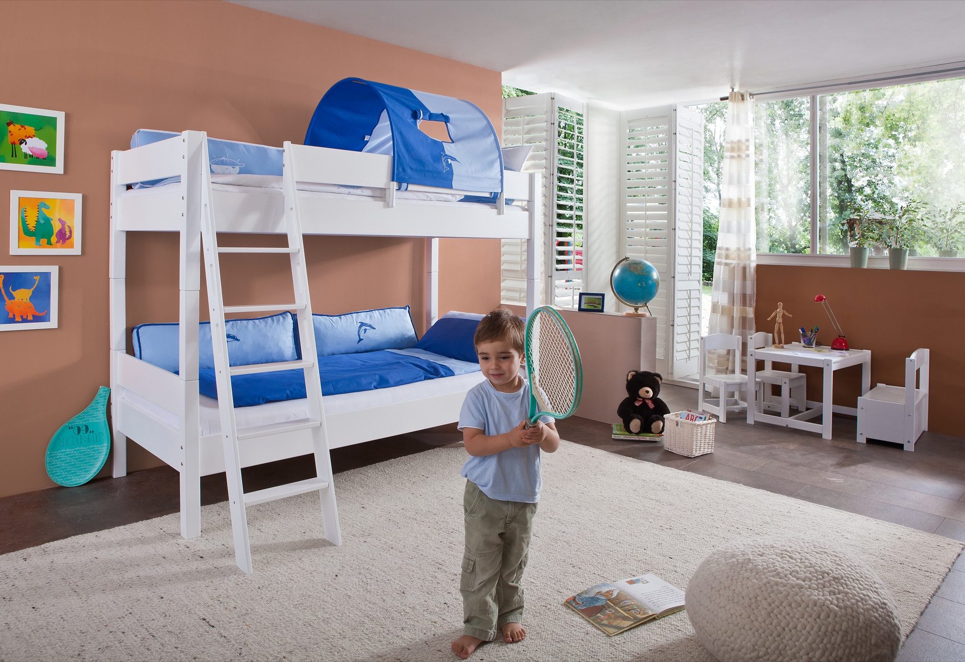 Relita Stapelbed Stefan incl. oprolbaar lattenbodem, met ladder en valbeveiliging, textiel set, beuken stapelbedden blauw