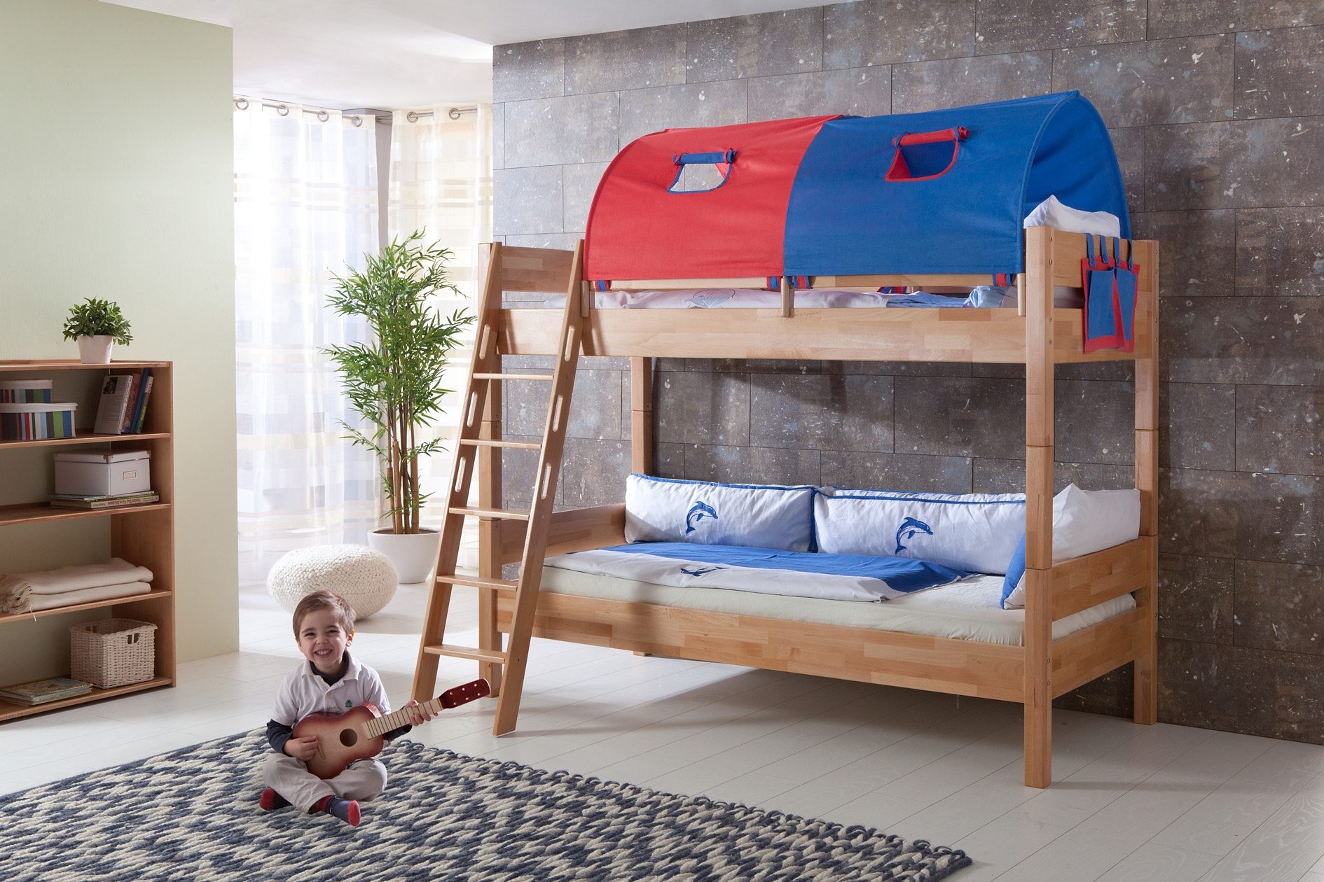 Relita Stapelbed Stefan incl. oprolbaar lattenbodem, met ladder en valbeveiliging, textiel set, beuken