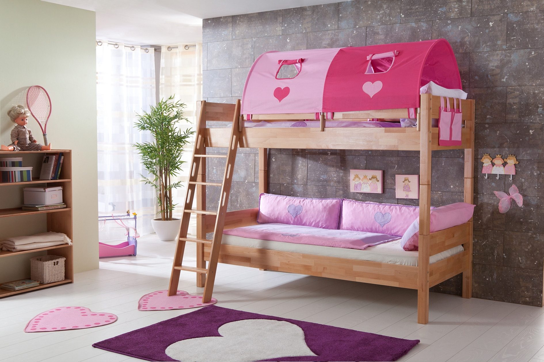 Relita Stapelbed Stefan incl. oprolbaar lattenbodem, met ladder en valbeveiliging, textiel set, beuken stapelbedden maat pink/roze, hart roze