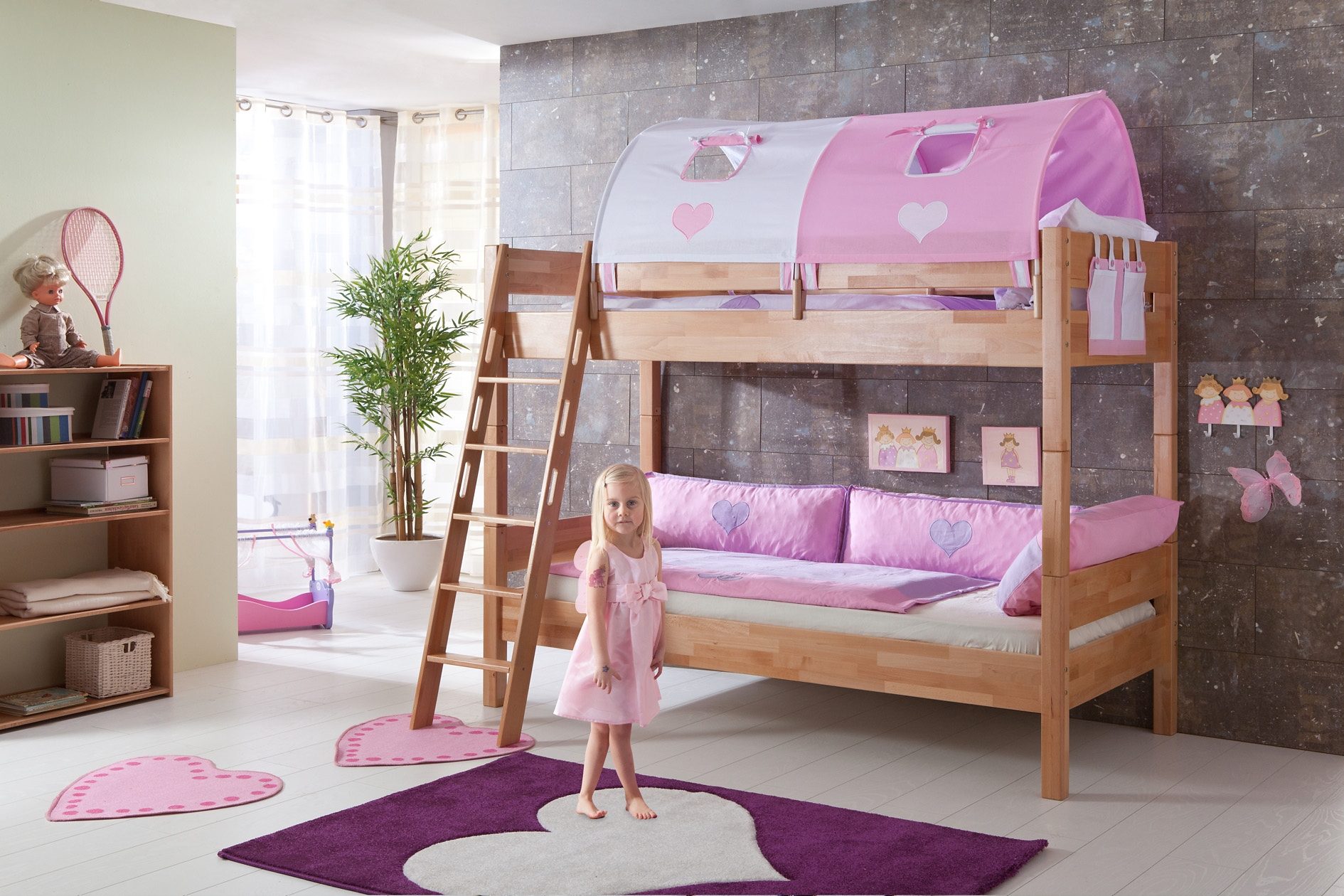Relita Stapelbed Stefan incl. oprolbaar lattenbodem, met ladder en valbeveiliging, textiel set, beuken stapelbedden roze