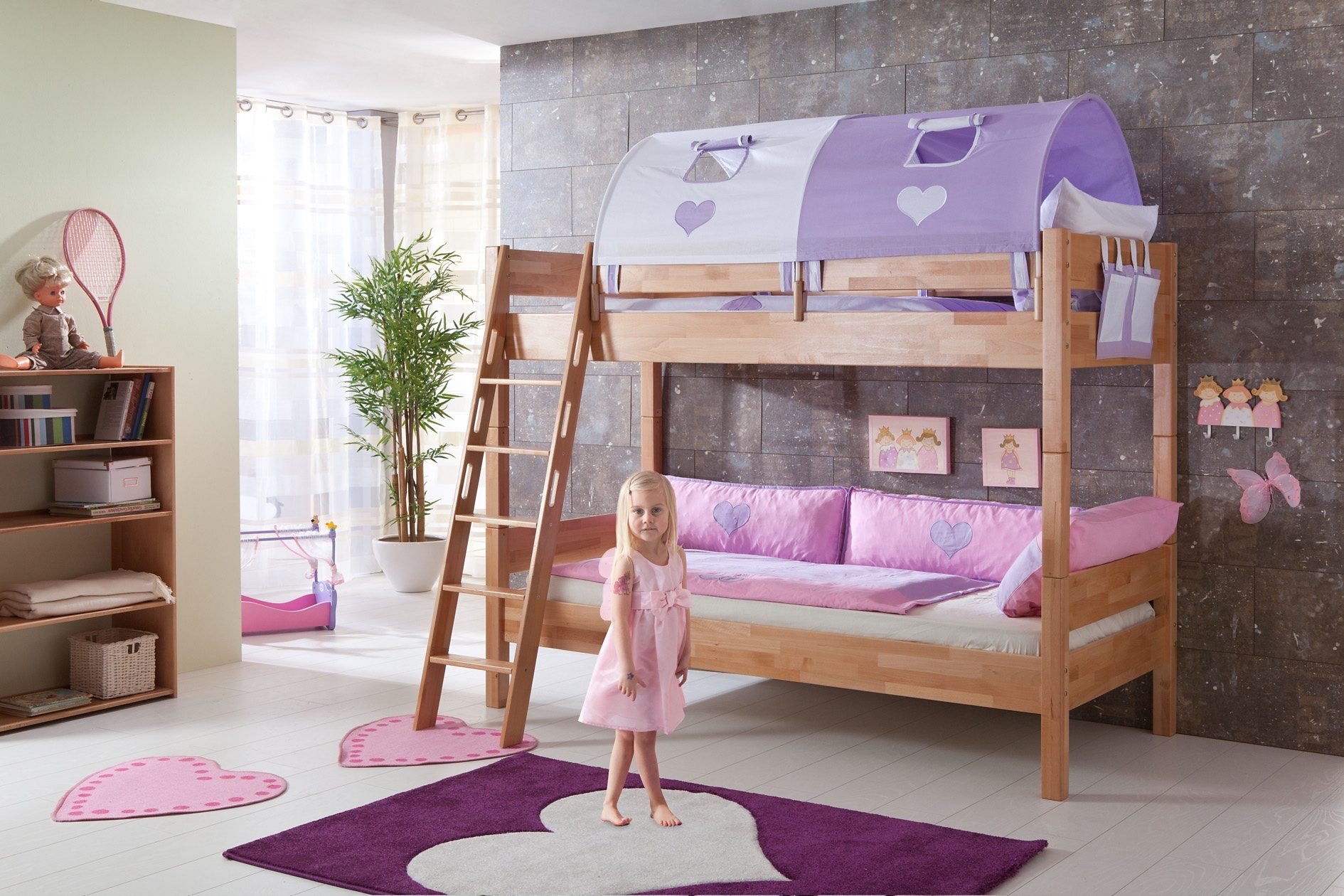 Relita Stapelbed Stefan incl. oprolbaar lattenbodem, met ladder en valbeveiliging, textiel set, beuken stapelbedden paars