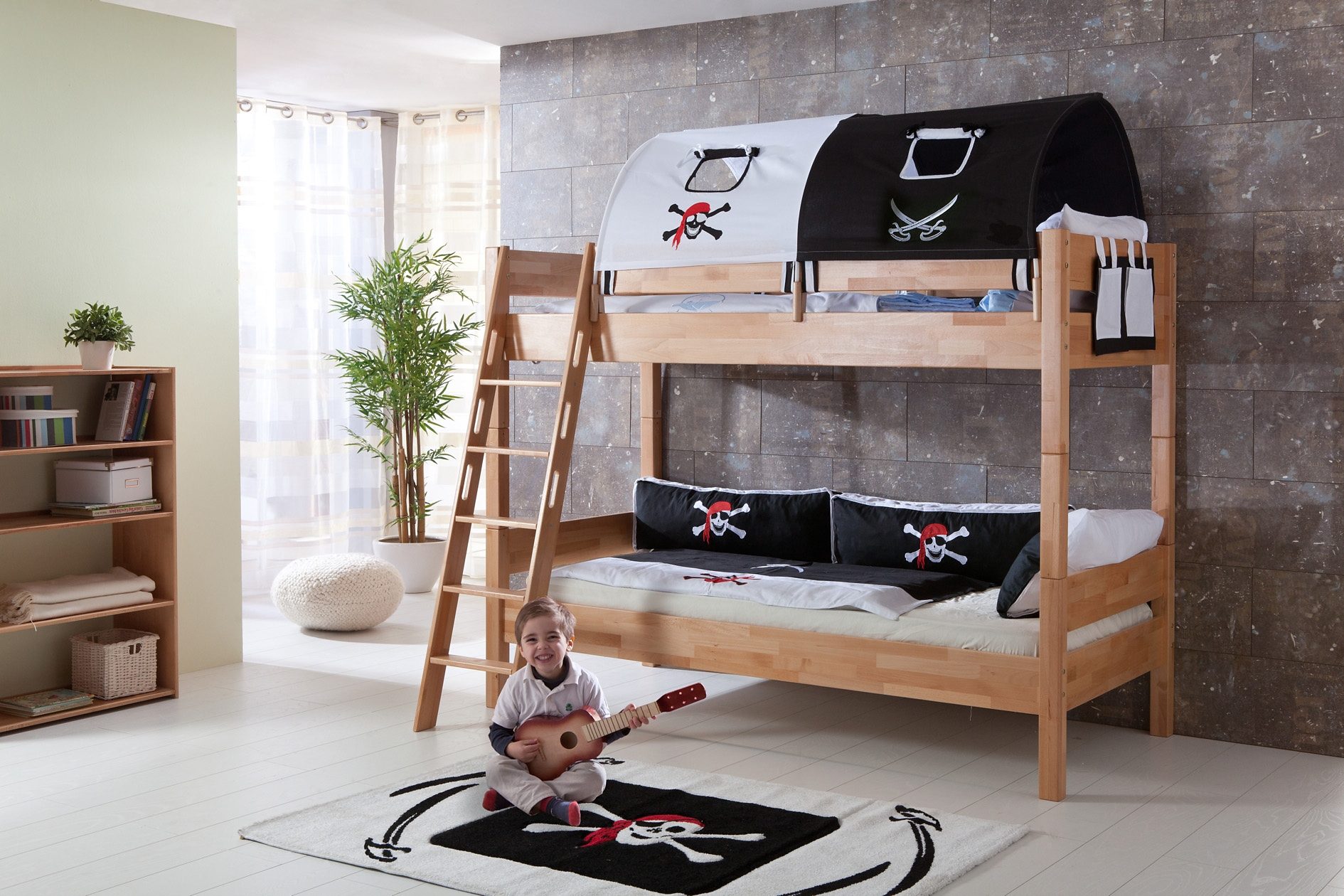 Relita Stapelbed Stefan incl. oprolbaar lattenbodem, met ladder en valbeveiliging, textiel set, beuken