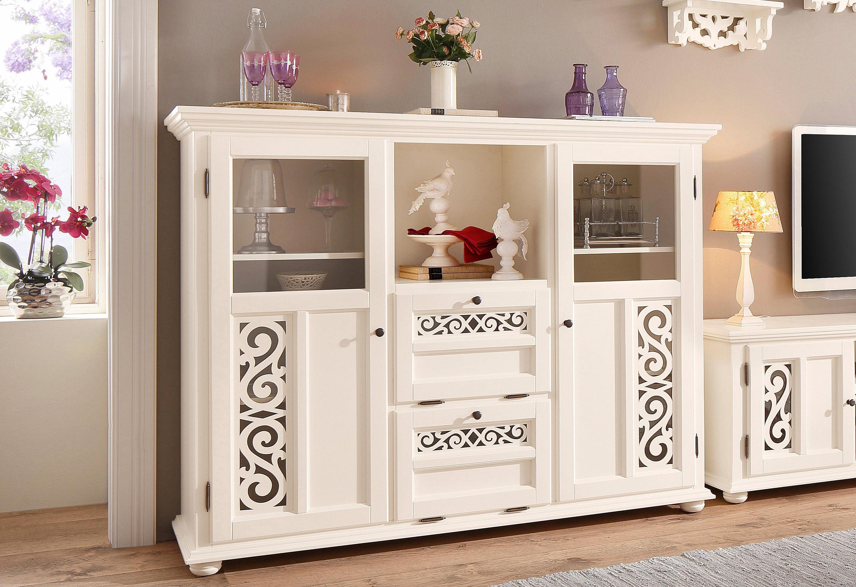 Home affaire Highboard Arabeske Vitrine in houtlook, met frezingen op de deurfronten, breedte 160 cm highboards maat 160x45x120 cm beige