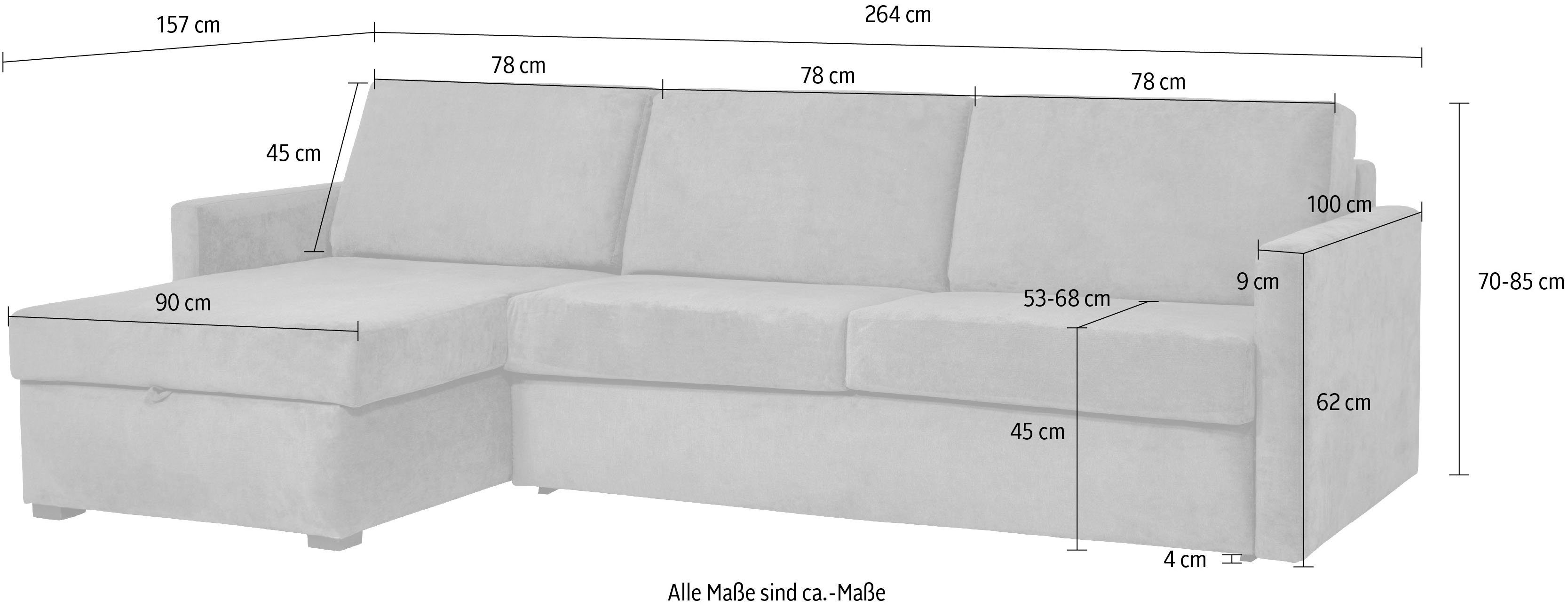 Places of Style Slaapbank GOLDPOINT hoekbank 264 cm, ligoppervlak (140/200 cm), L-vorm, Slaapfunctie, Bonell-binnenveringsmatras en volwaardige bedfunctie