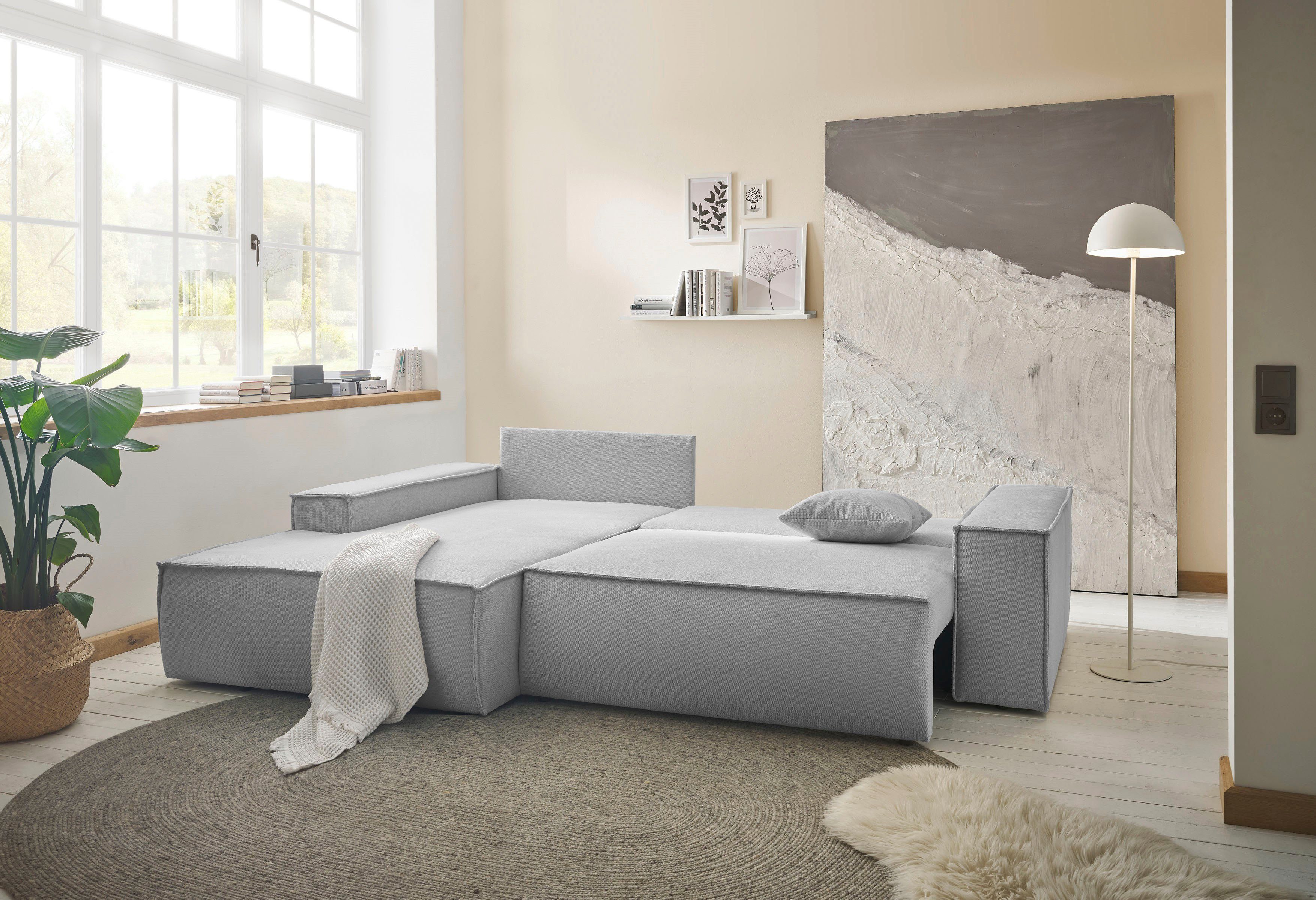 andas Hoekbank Finnley slaapbank 267 cm in Bouclé, fijne structuur en cord, L-vorm