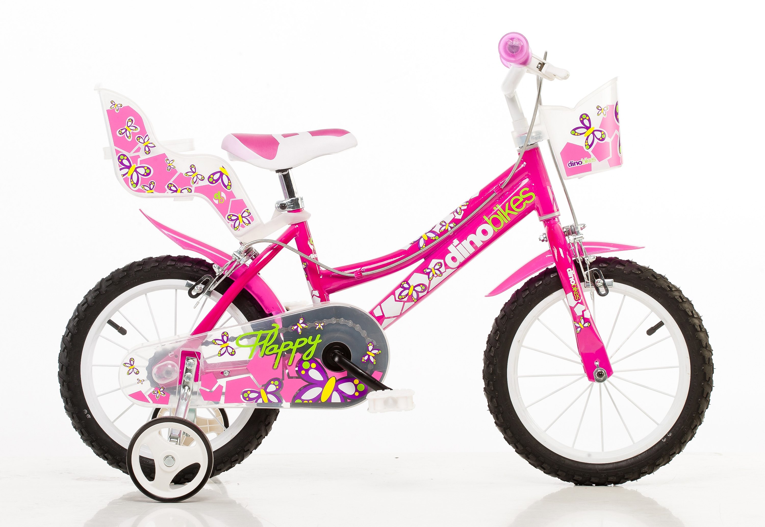 Dino Kinderfiets Meisjesfiets 16 inch met zijwieltjes, mand en poppenzitje fietsen maat framehoogte 28 cm roze