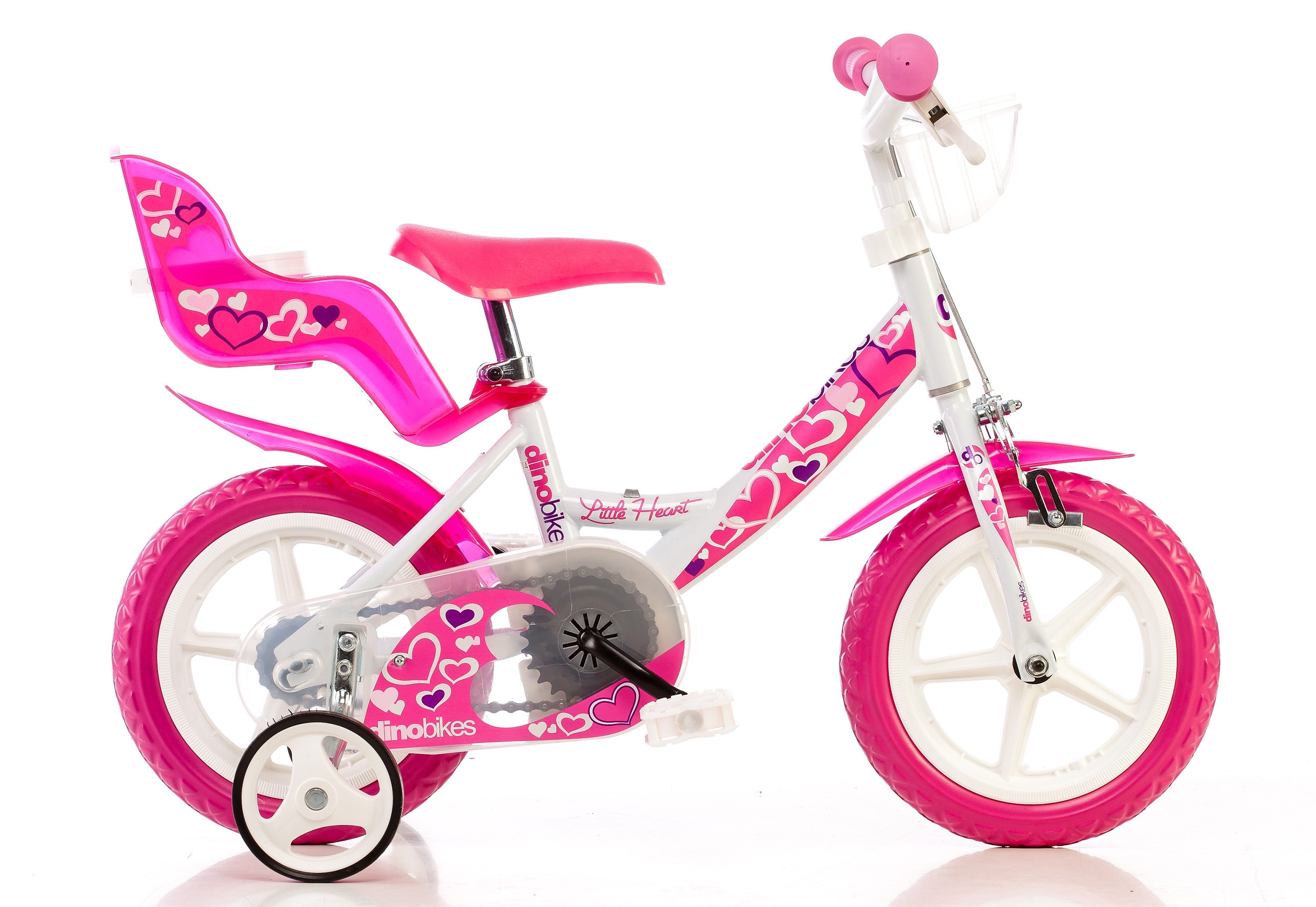 Dino Kinderfiets Meisjesfiets 12 inch met zijwieltjes, mand en poppenzitje