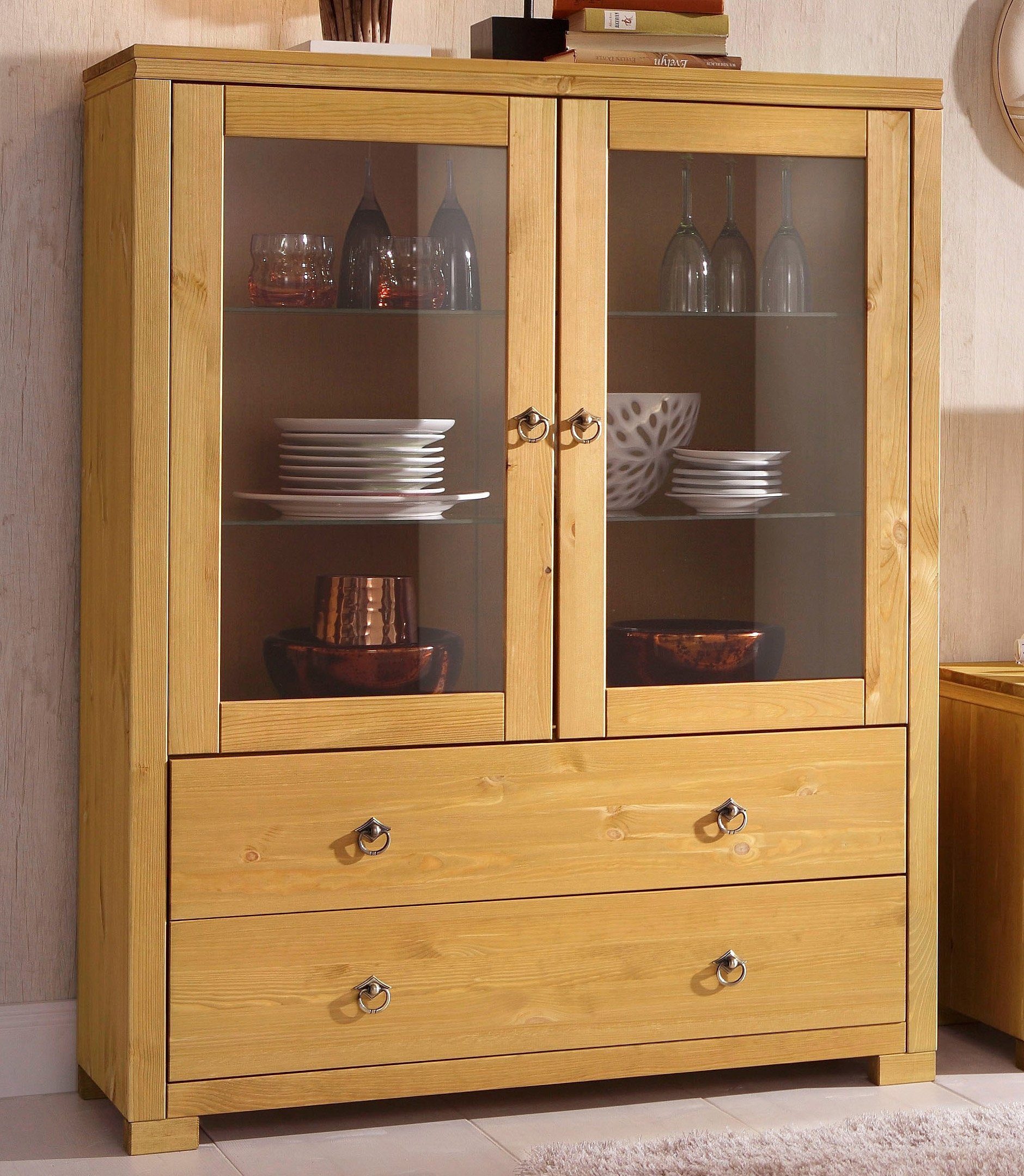 Home affaire Highboard Gotland Vitrine, breedte 101 cm, deuren met glazen inzetstukken, van massief dennenhout