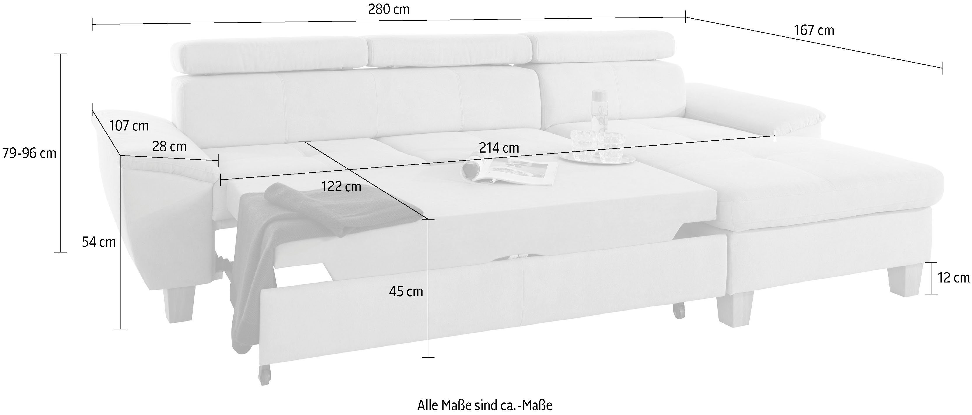 exxpo - sofa fashion Hoekbank Enya, uitgebreide afwerking, hoog zitcomfort, comfortabel, L-vorm inclusief verstelbare hoofdsteun, naar keuze met slaapfunctie en bedkist
