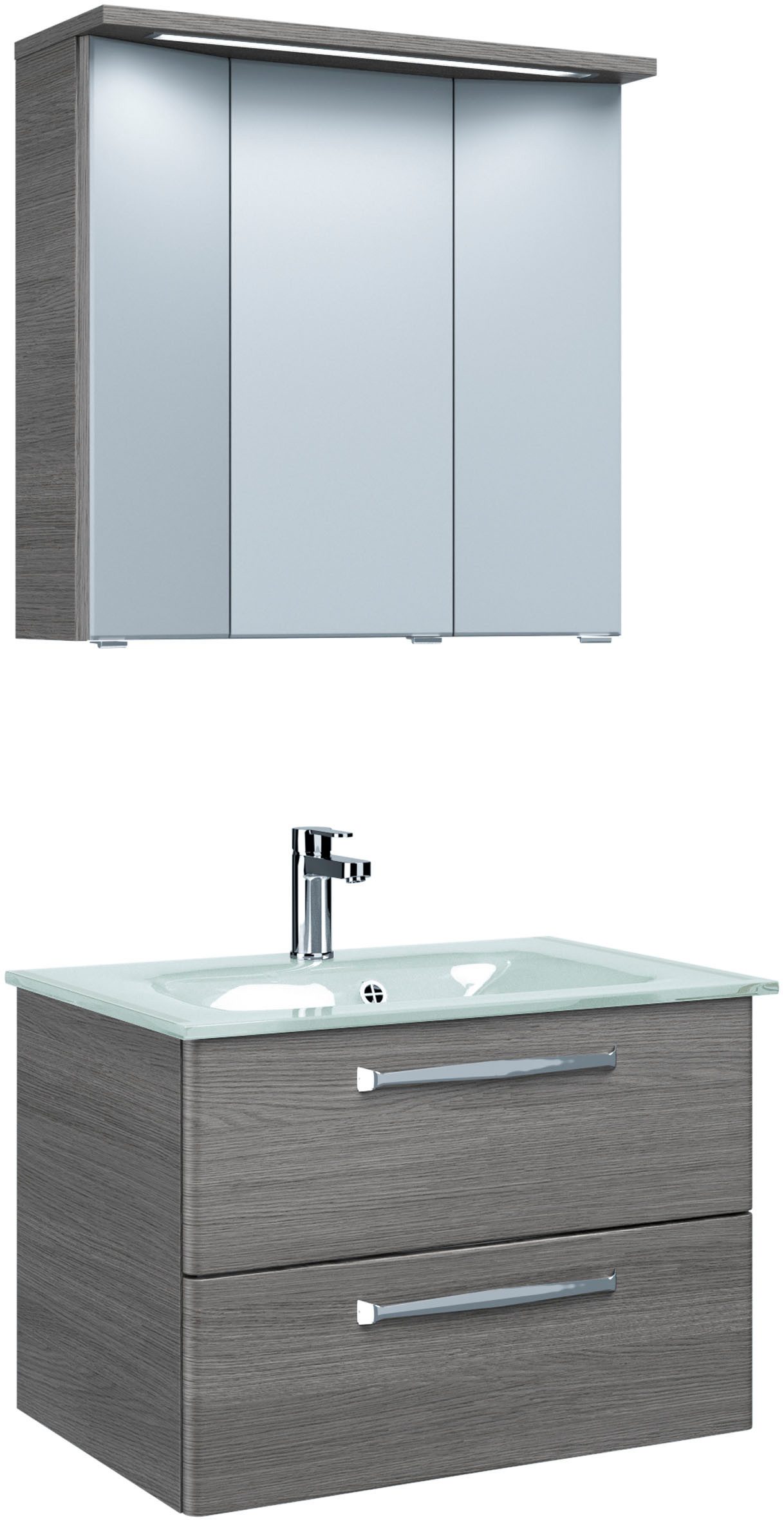 Saphir Badmeubelset Trentino 2-delig glazen wastafel met LED-spiegelkast Badkamermeubel-set 77cm breed, incl. deurdemper, 3 deuren, 2 lades (3 stuks)