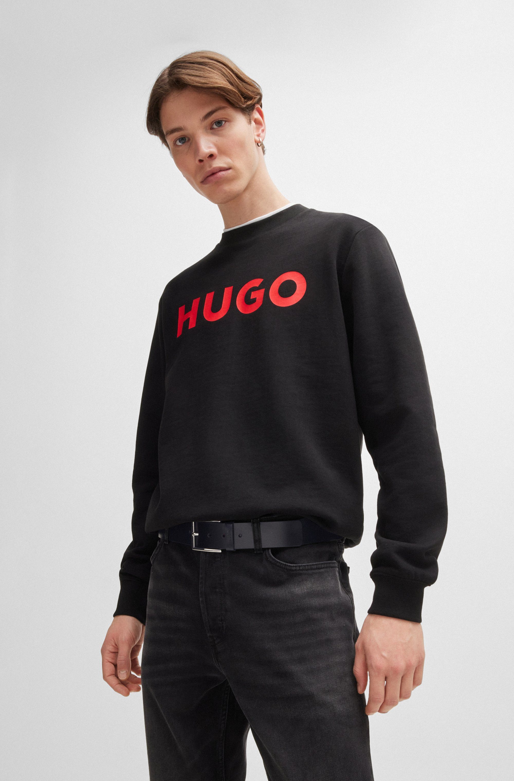 HUGO Leren riem Giaspo met logo-reliëf op de lus en rode naad