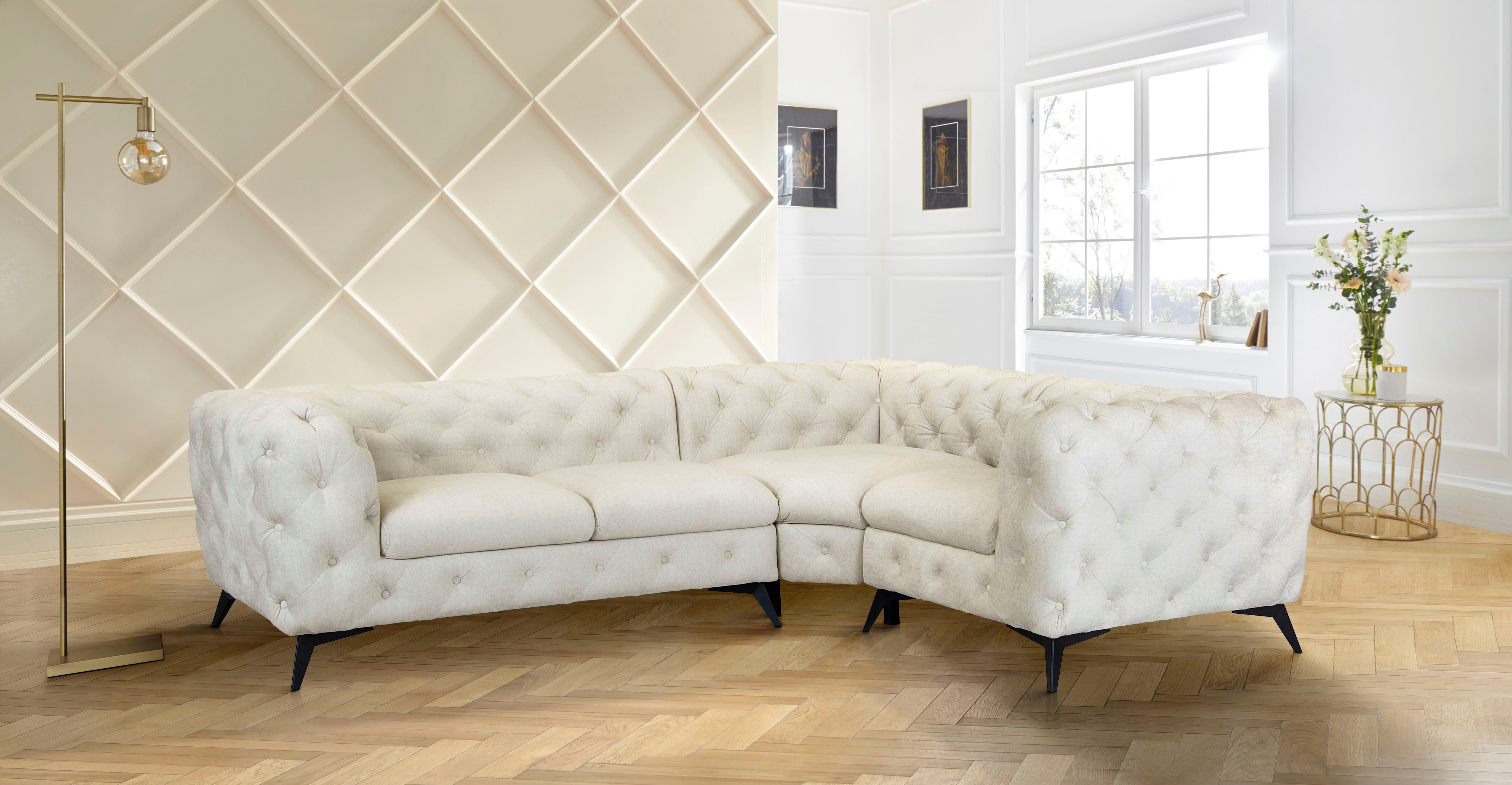 Leonique Chesterfield-bank Glynis L-vorm luxueuze capitonnage, moderne chesterfield look, kleur van de poten ter keuze