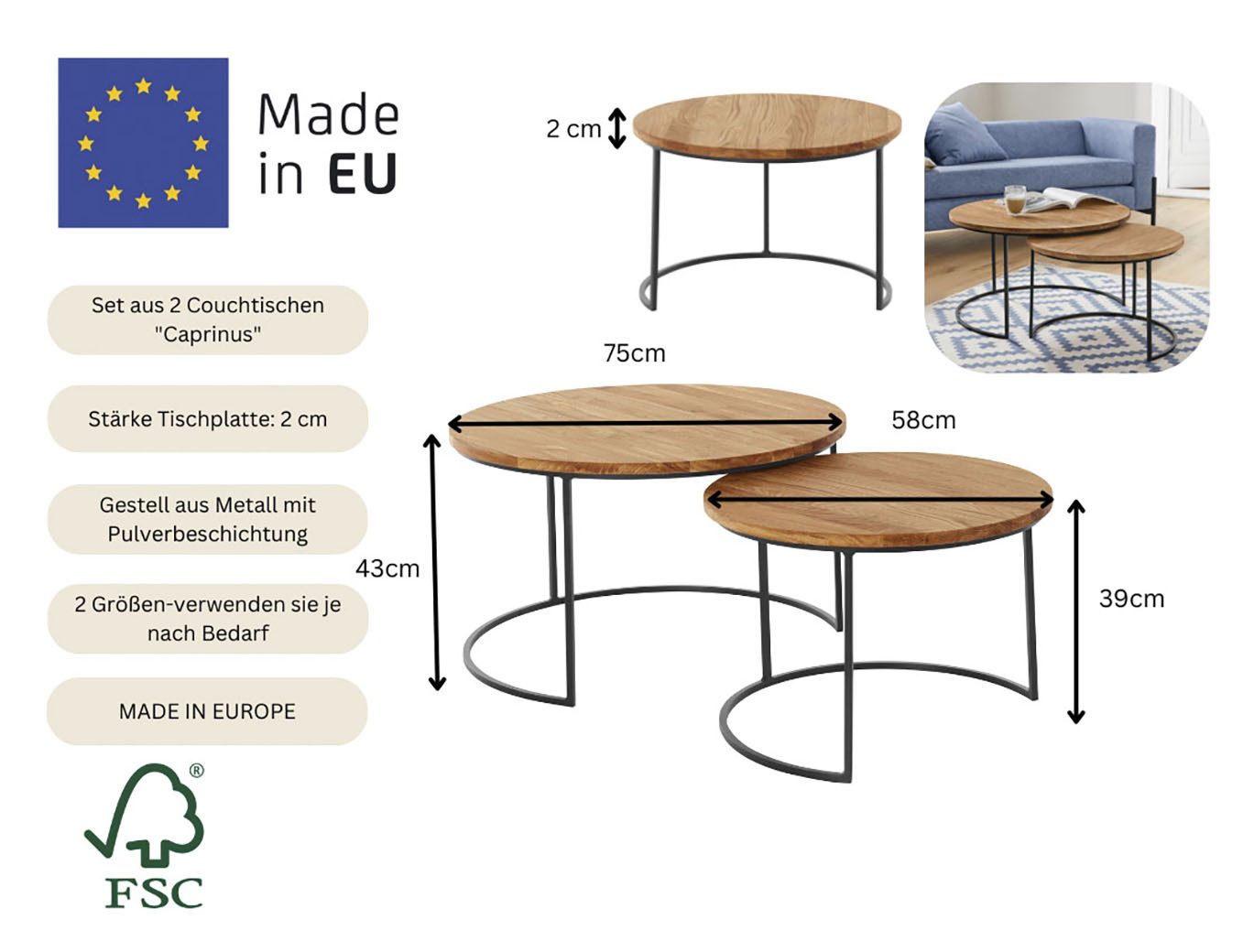 andas Salontafel Caprinus van eikenhout, fsc® gecertificeerd, 2-delige set, stabiel metalen frame