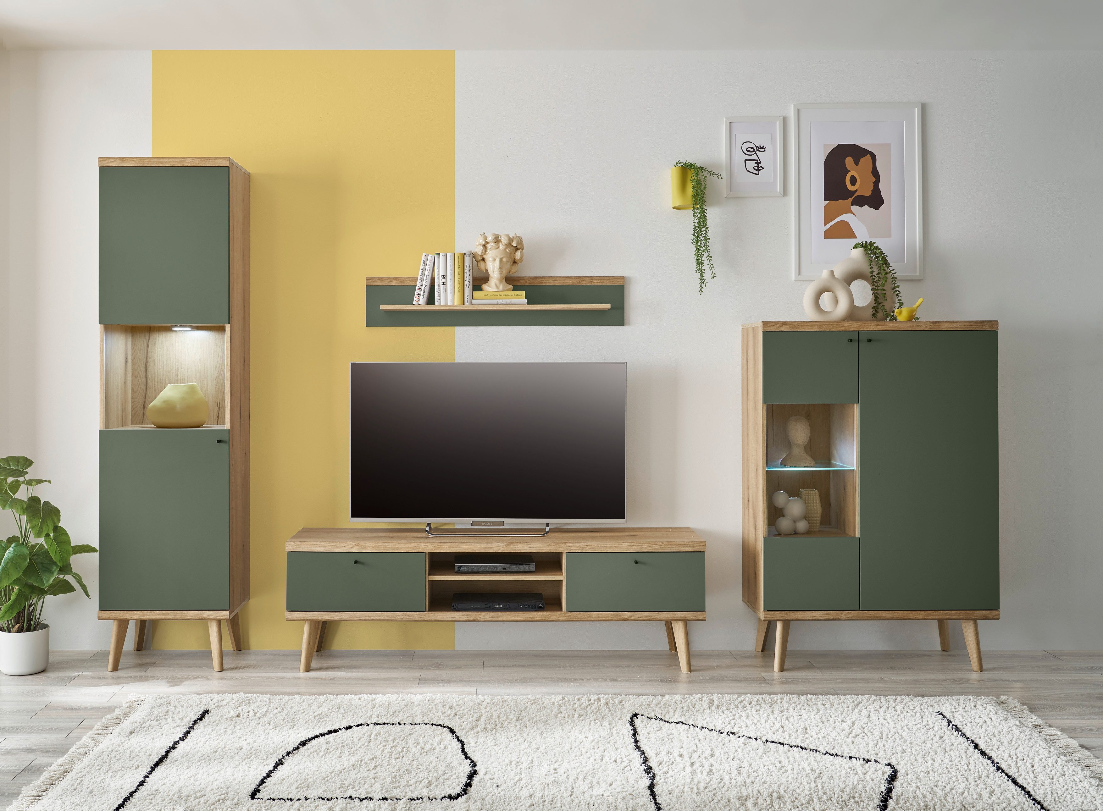 INOSIGN Wandmeubel MAVAS in moderne trendkleur, handgrepen van metaal (zwart), breedte 320 cm (set, 4-delig) tv-wandmeubels groen