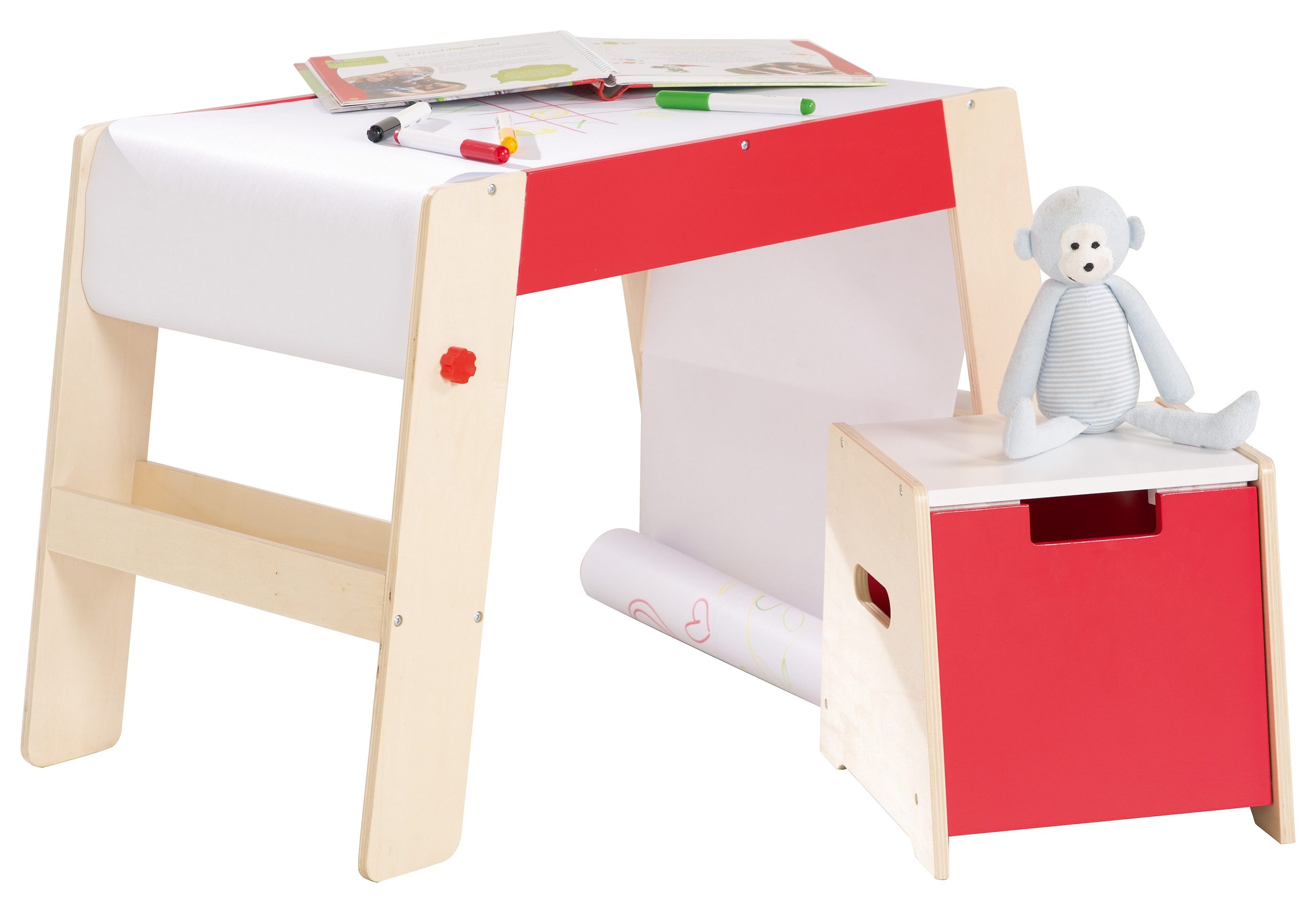 Roba® Tekensjabloon Schildertafel en kruk combinatie, naturel/rood (set, 2 stuks)