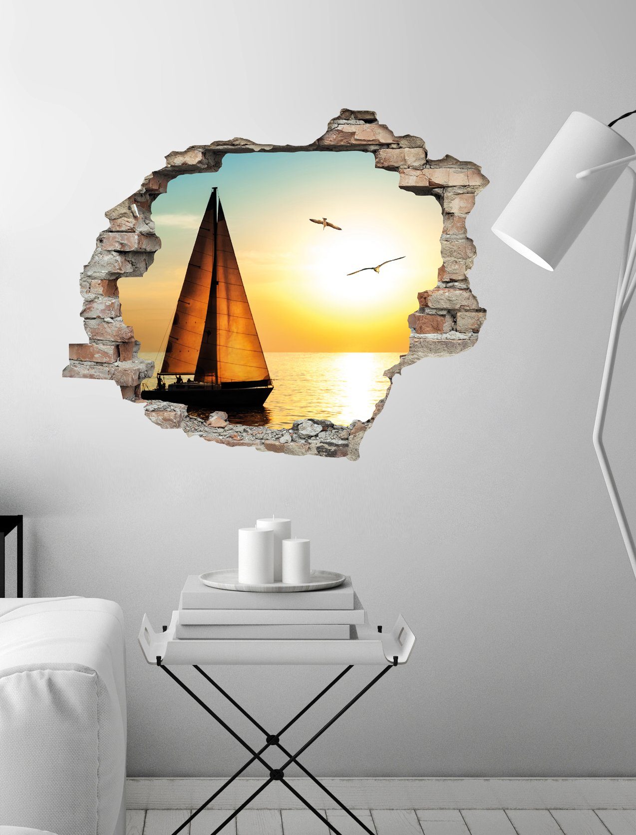queence Wandfolie Zeilboot Muursticker, muurdecoratie, zelfklevend, 3D, muurdurchbraak (1 stuk)