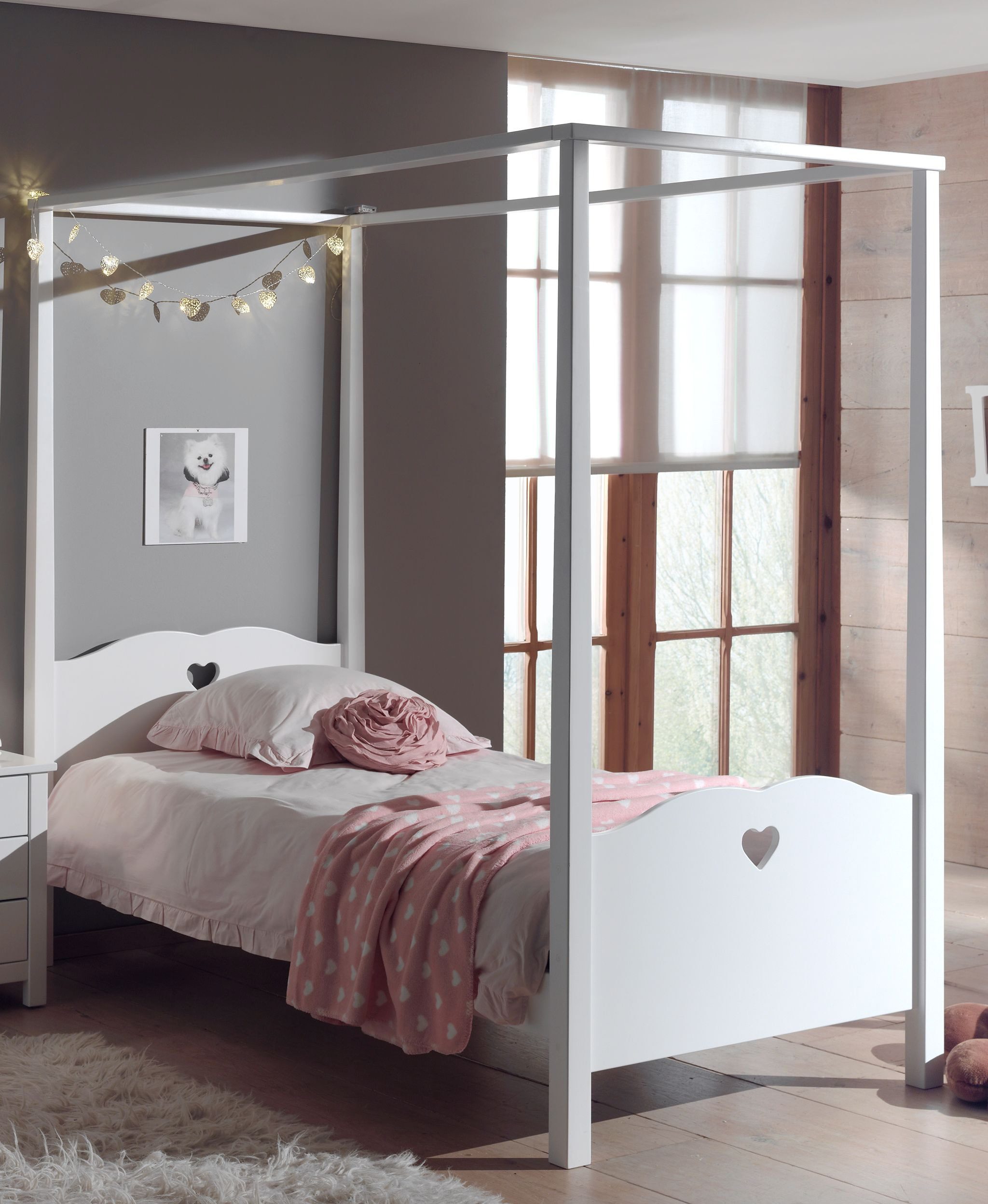 Vipack Hemelbed Amori, ligoppervlak 90/200 cm, incl. hemelstang zonder textielgordijn, stabiel en stevig gebouwd, wit gelakt