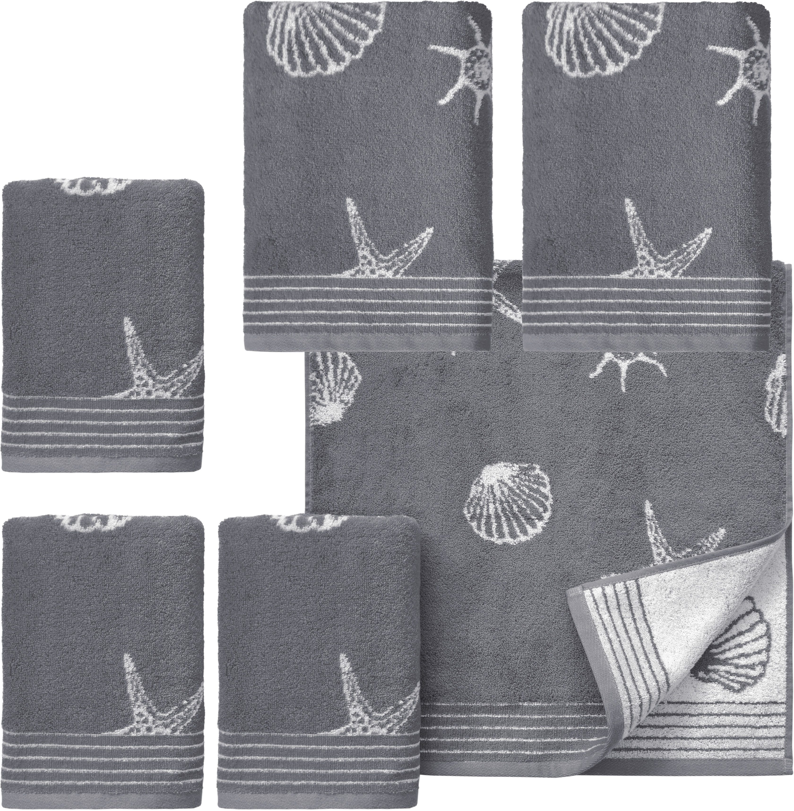 Dyckhoff Handdoekenset Seashell met schelpenpatroon, 4 handdoeken (50x100cm), 2 douchehanddoeken (70x140cm) (set, 6-delig) handdoeken grijs