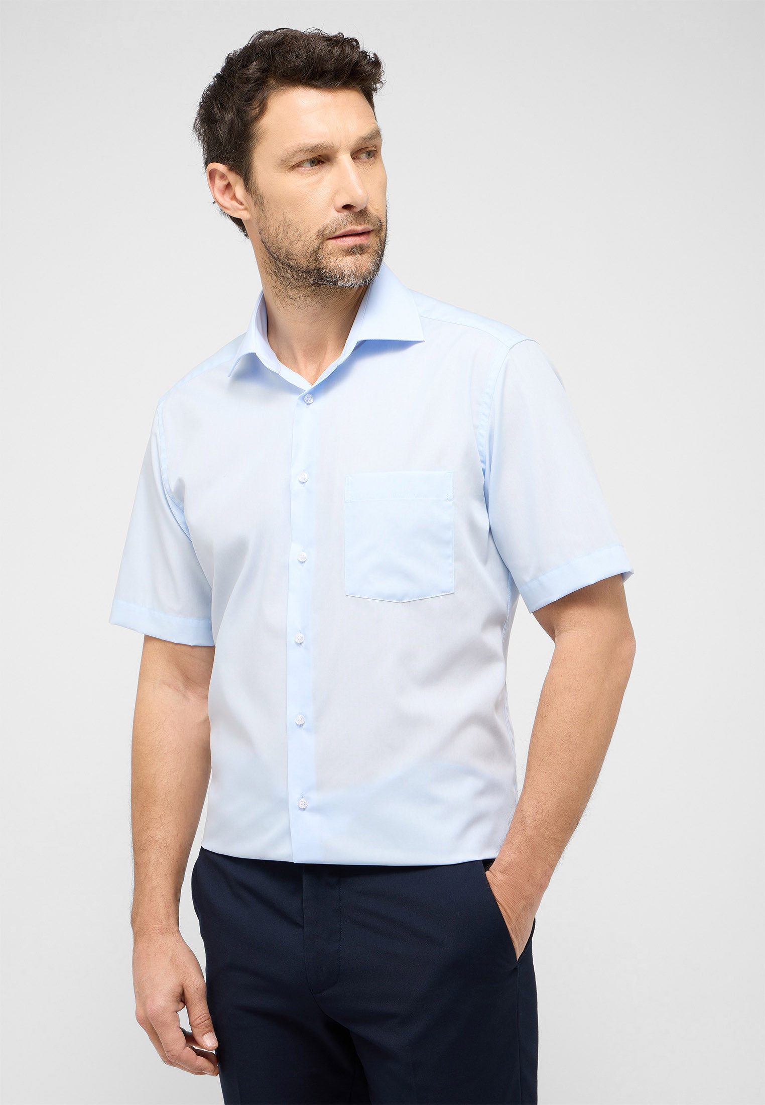 Eterna Modern Fit korte mouw overhemd blauw Blue Heren