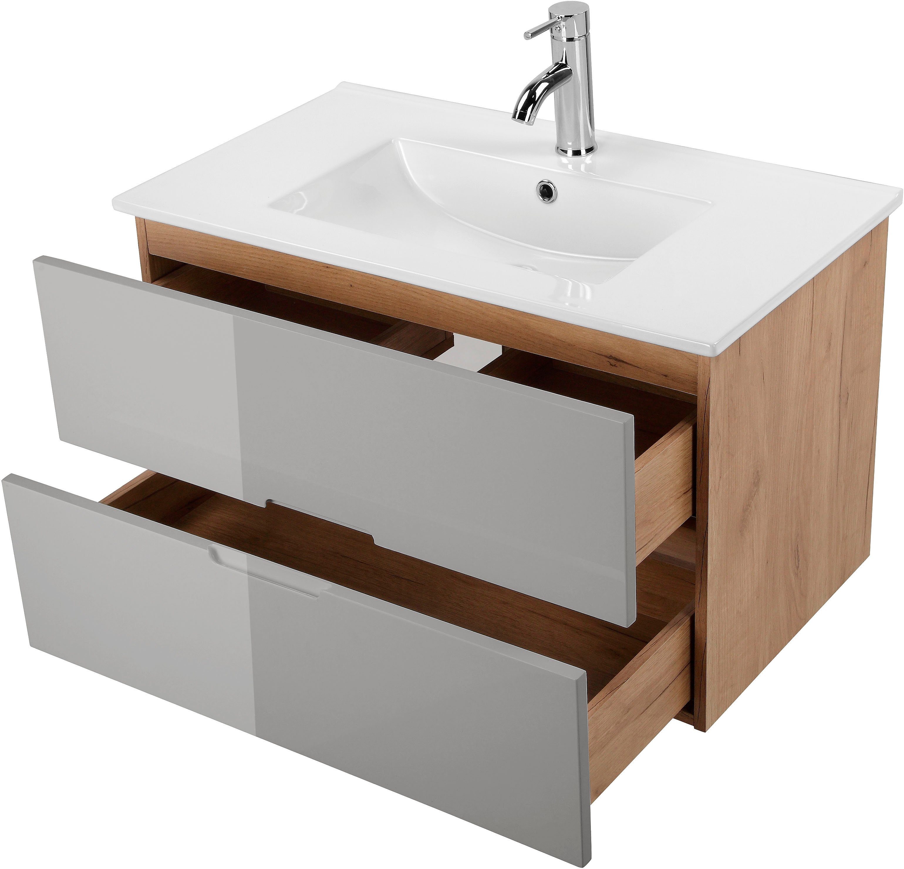 welltime Badkamerserie Lund badkamermeubelset badkamerkast badkamerset Wastafelonderkast, spiegelkast en bekken breedte 80 cm (complete set, 3-delig)