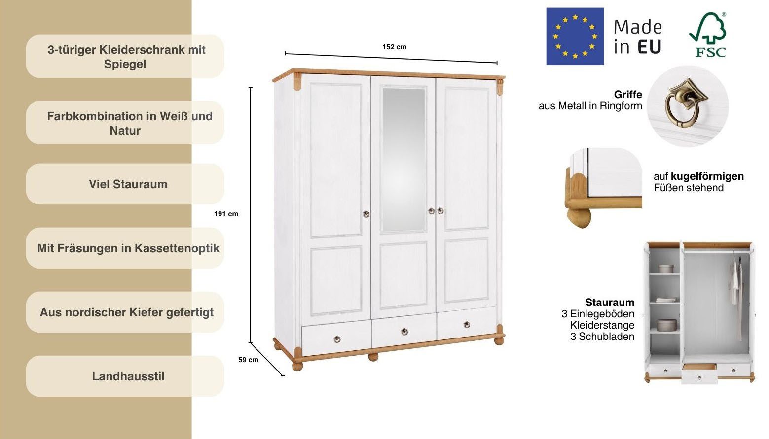 Home affaire Kledingkast Tessin, Driedeuren kast, 3-deurs Breedte 152 cm, massief grenen, met spiegel en 3 lades