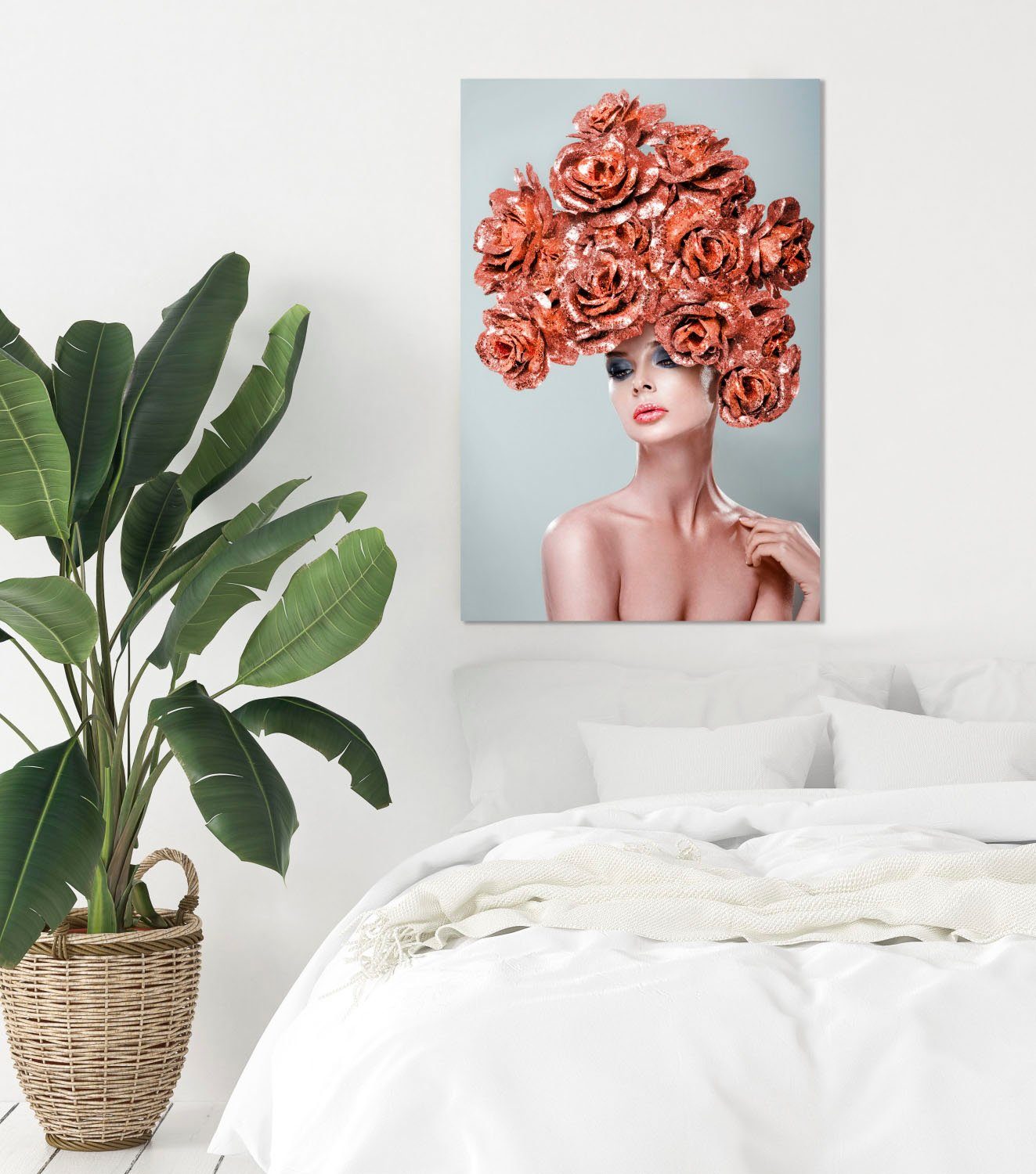 queence Artprint op acrylglas Vrouw met bloemenhoed Fine Art-print in galeriekwaliteit