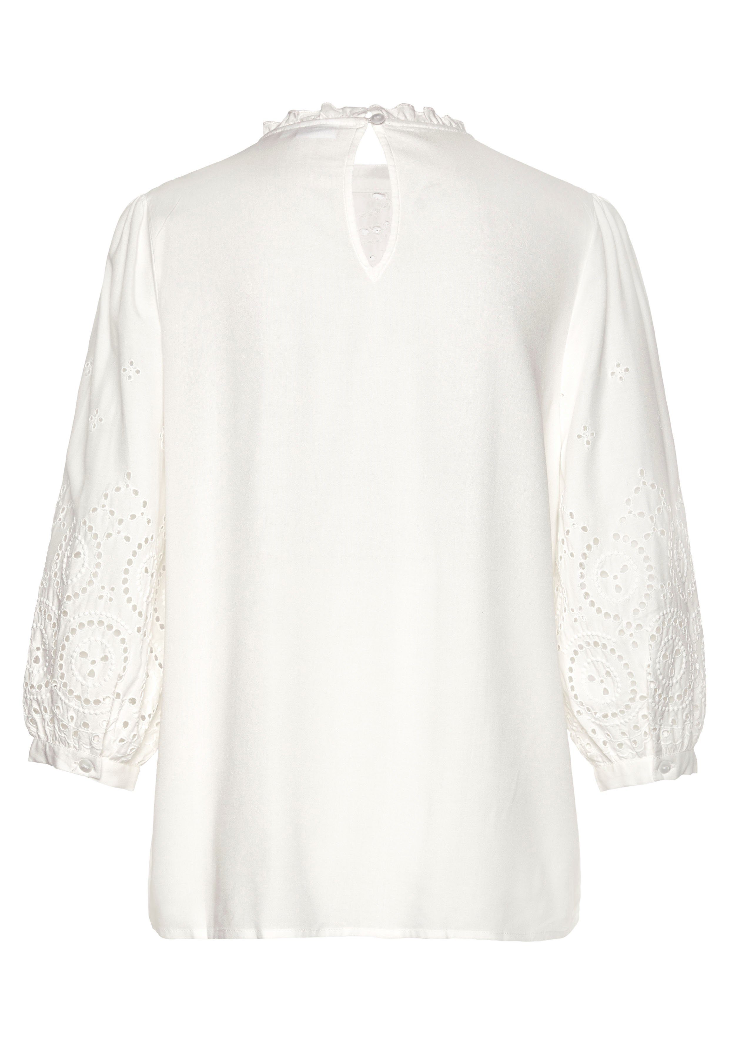 Lascana Blouse zonder sluiting met gaatjesborduurwerk en subtiele ruches, 3/4-mouwen damesblouse