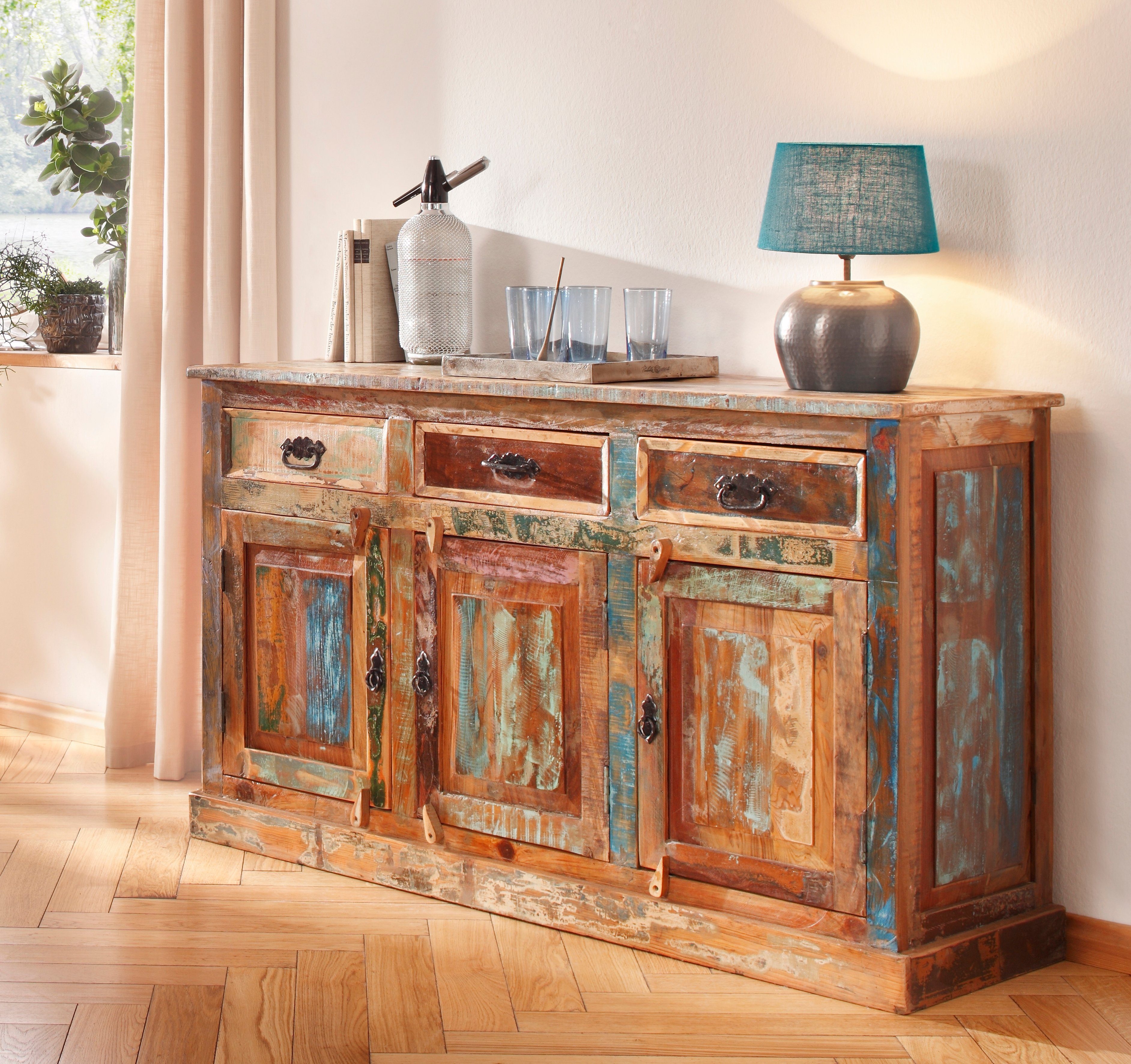 SIT Dressoir Riverboat van gerecycled gebruikt hout, breedte 40 cm, shabby chic, vintage dressoirs maat 140x40x80 cm multicolor