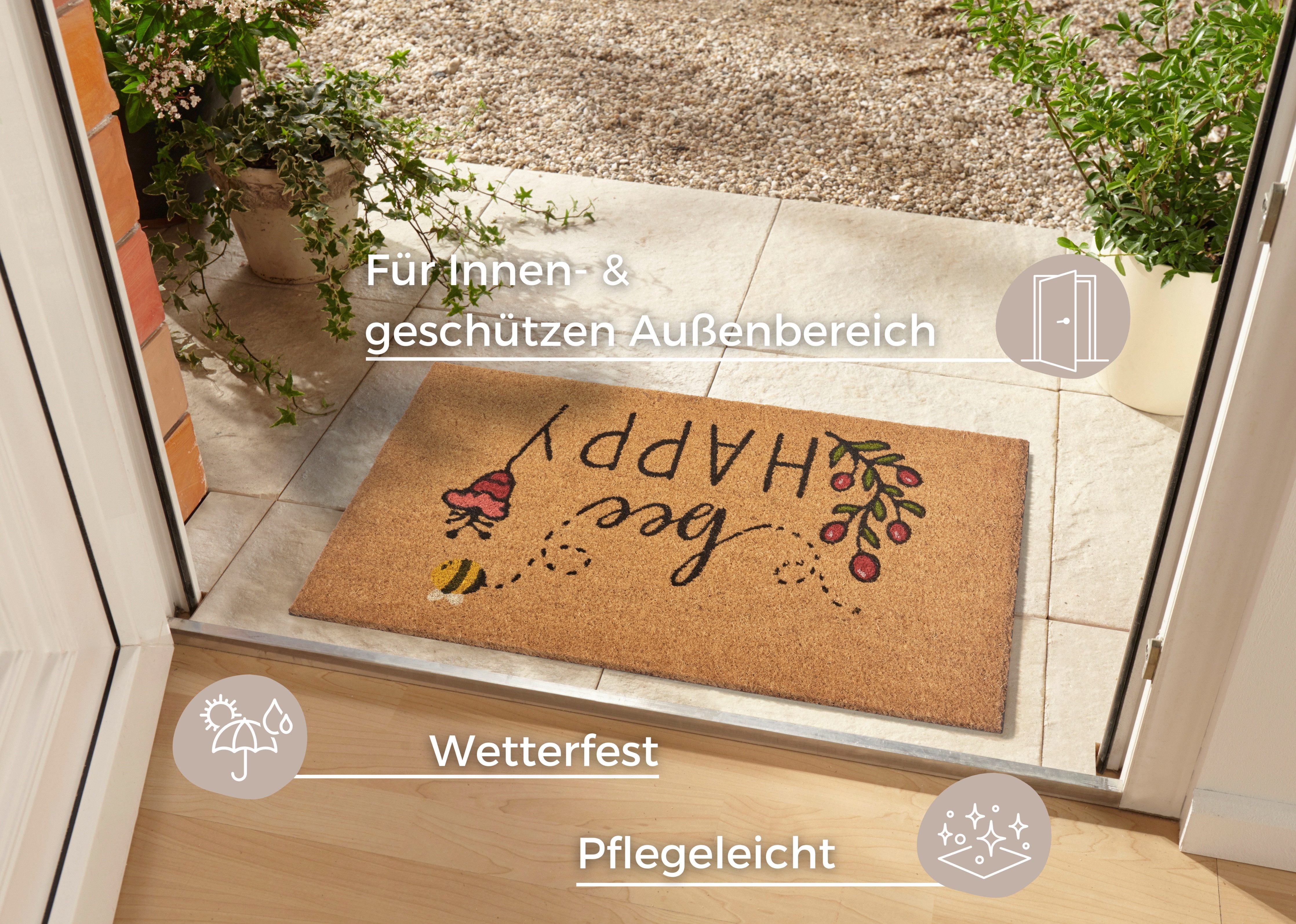 HANSE Home Mat Bee Happy, deurmat Kokos, vuilopvangmat, outdoor, antislip, binnen, kokosmat, gang