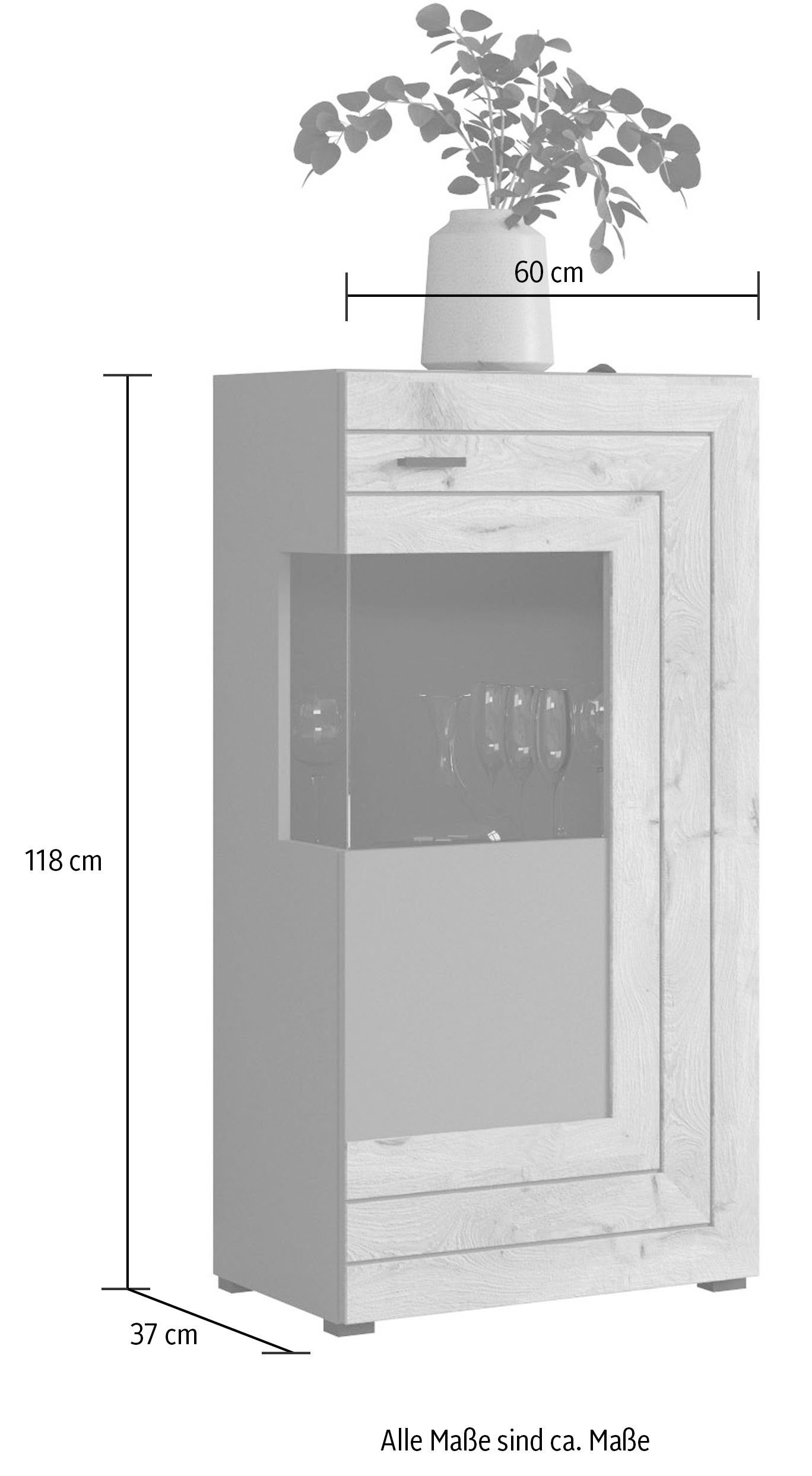INOSIGN Vitrinekast Aalborg, hoogte 118 cm, 1 glazen deur, 2 vakken, 2-kleurig, metalen handgrepen