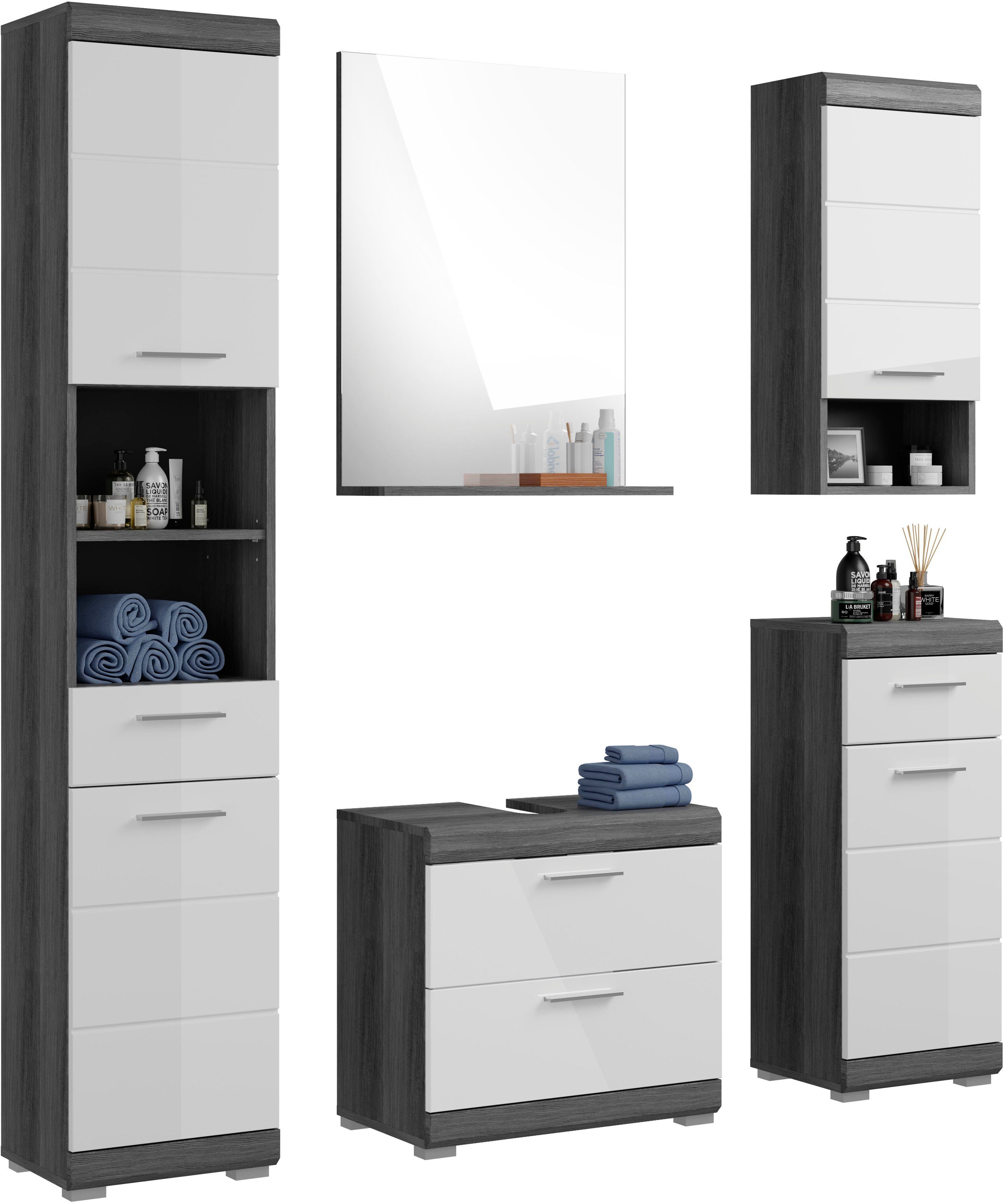 inosign badkamerserie siena hoge kast, spiegel, wastafelkast, wandkast, onderkast (set, 4-delig) grijs