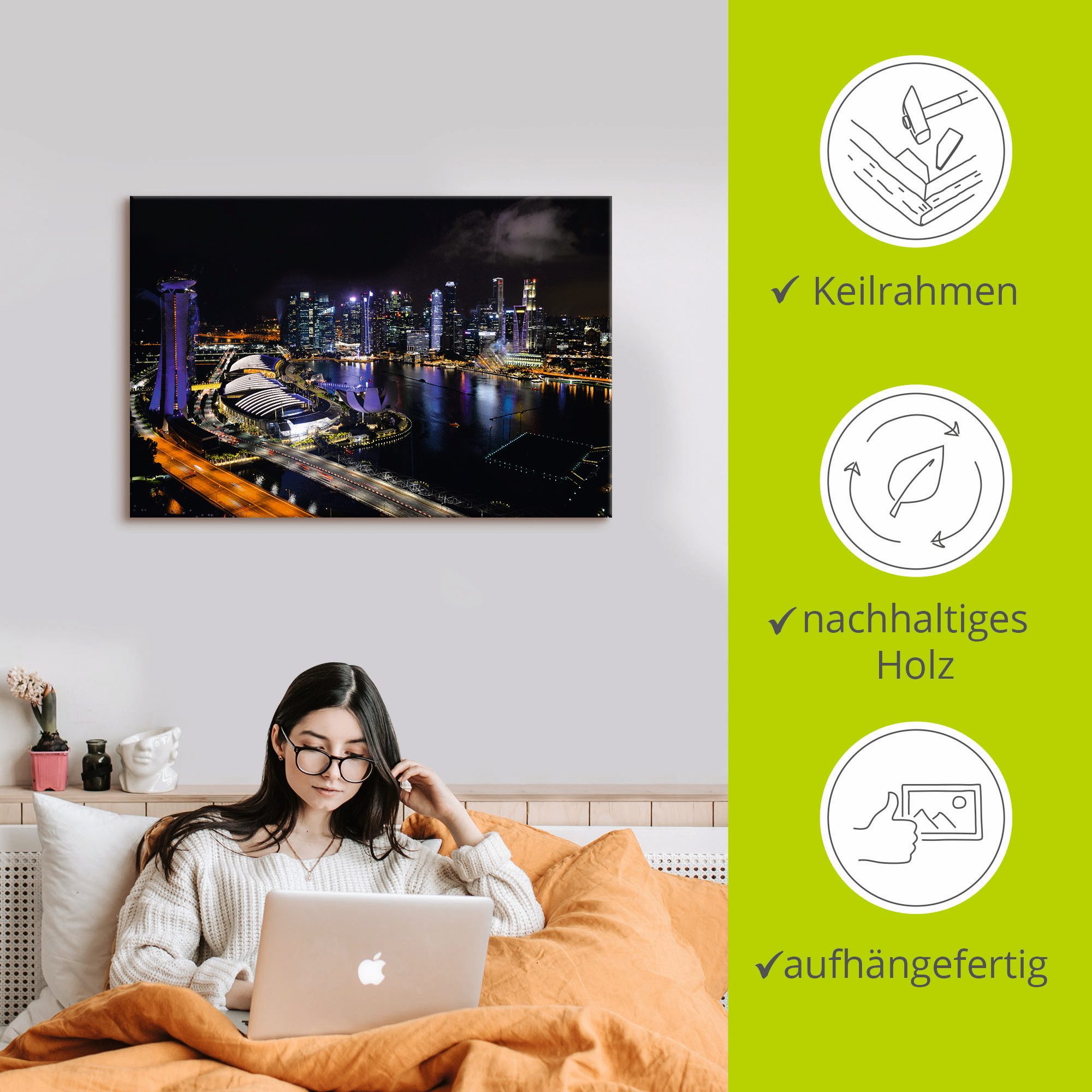Artland Artprint op linnen Singapoer 's nachts gespannen op een spieraam