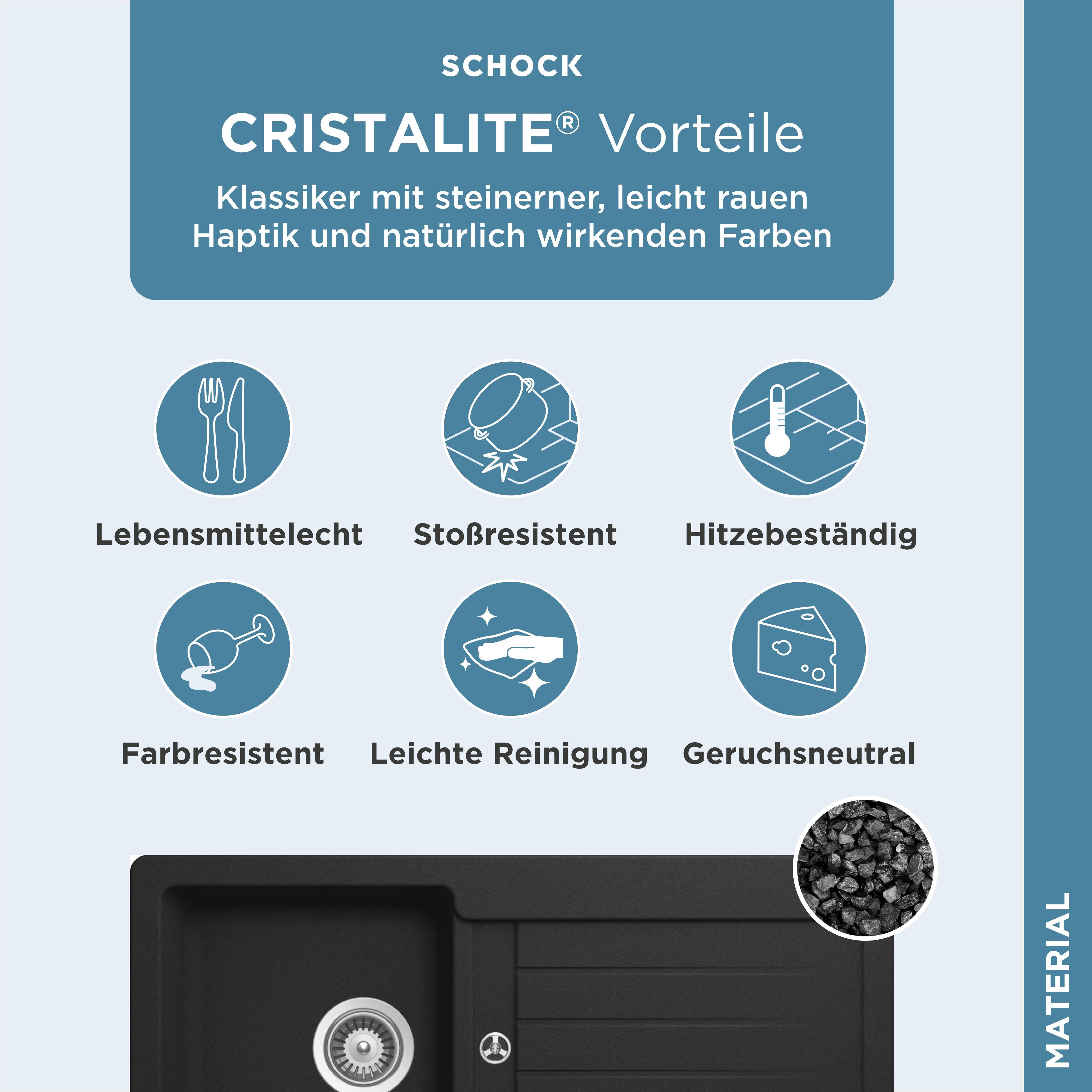 Schock Granieten spoelbak Typos D-100 S met afvoer en druppelzone, links en rechts in te bouwen