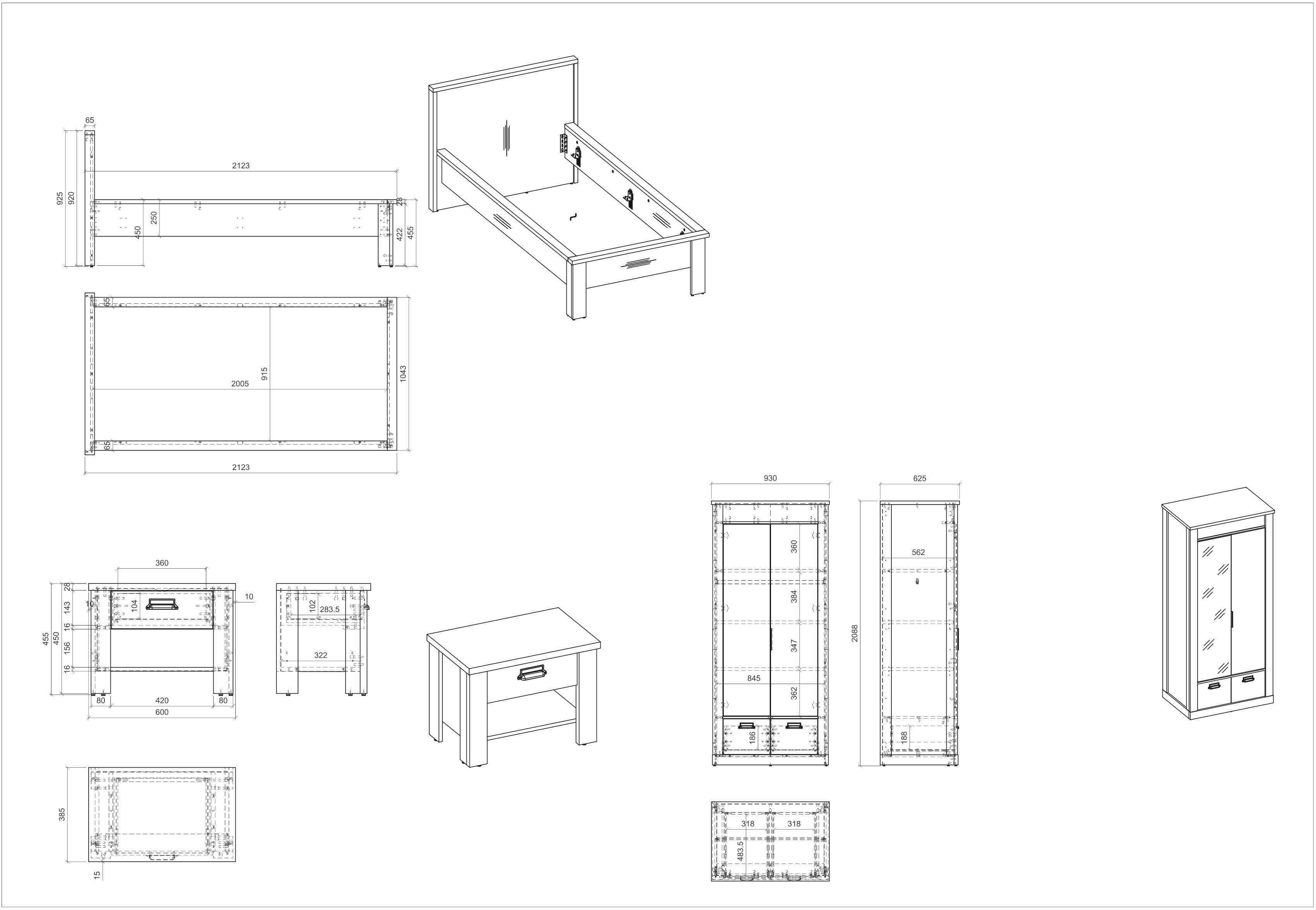 Home affaire Slaapkamerserie Sherwood Ligoppervlak 90 x 200 cm, kast 2-deurs 93 cm breed (3-delig)