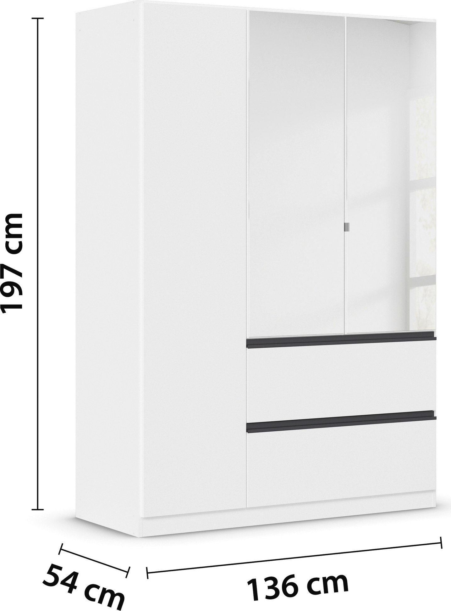 rauch Draaideurkast Kledingkast Kast Garderobe Wasmand COSTA in 3 Breedtes met spiegel, greeploos front en push-to-open functie made in germany