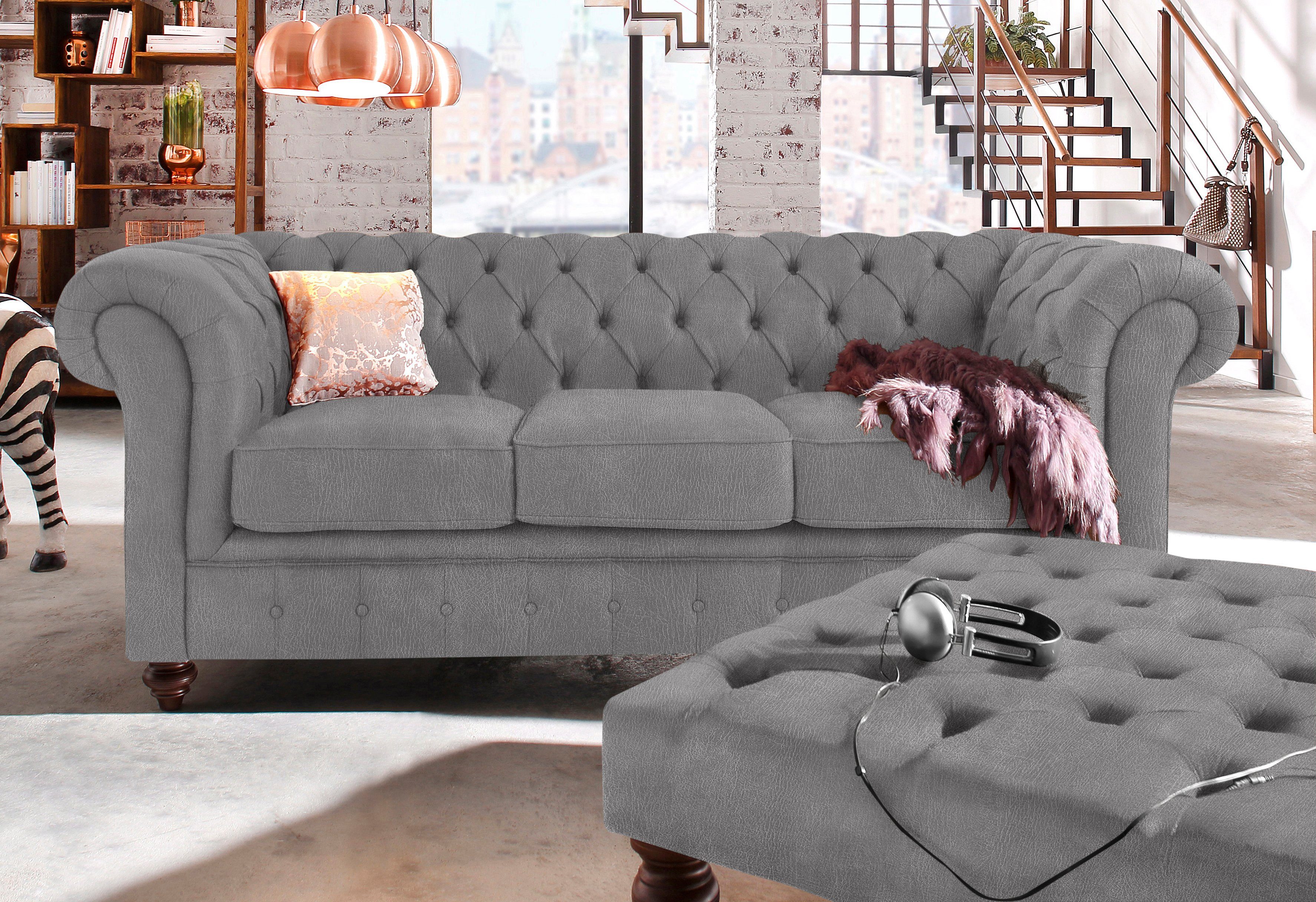 Home affaire Chesterfield-bank Chesterfield 3-zits B/D/H: 198/89/74 cm met hoogwaardige knoopdetails, ook in leer