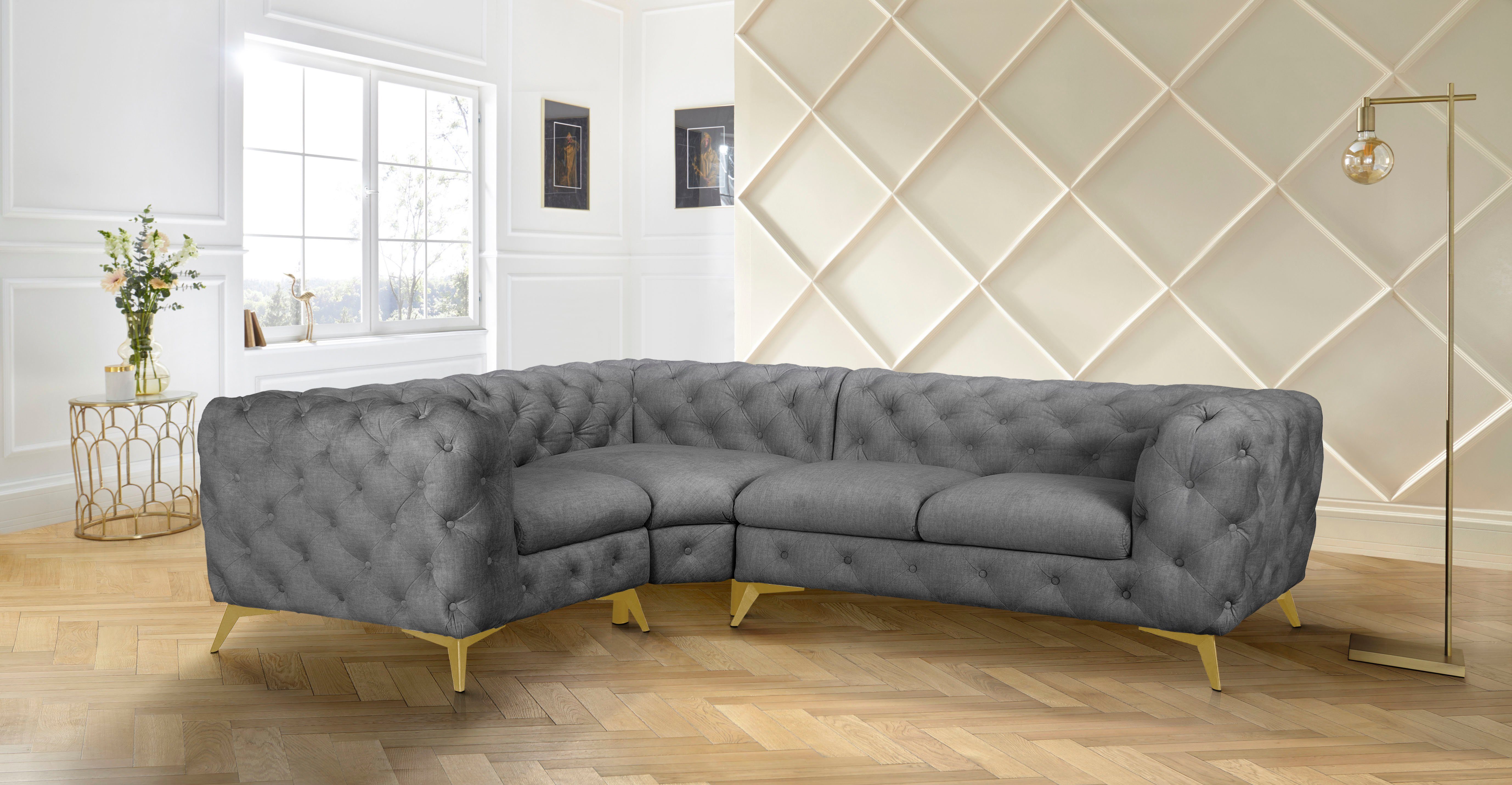Leonique Chesterfield-bank Glynis L-vorm luxueuze capitonnage, moderne chesterfield look, kleur van de poten ter keuze