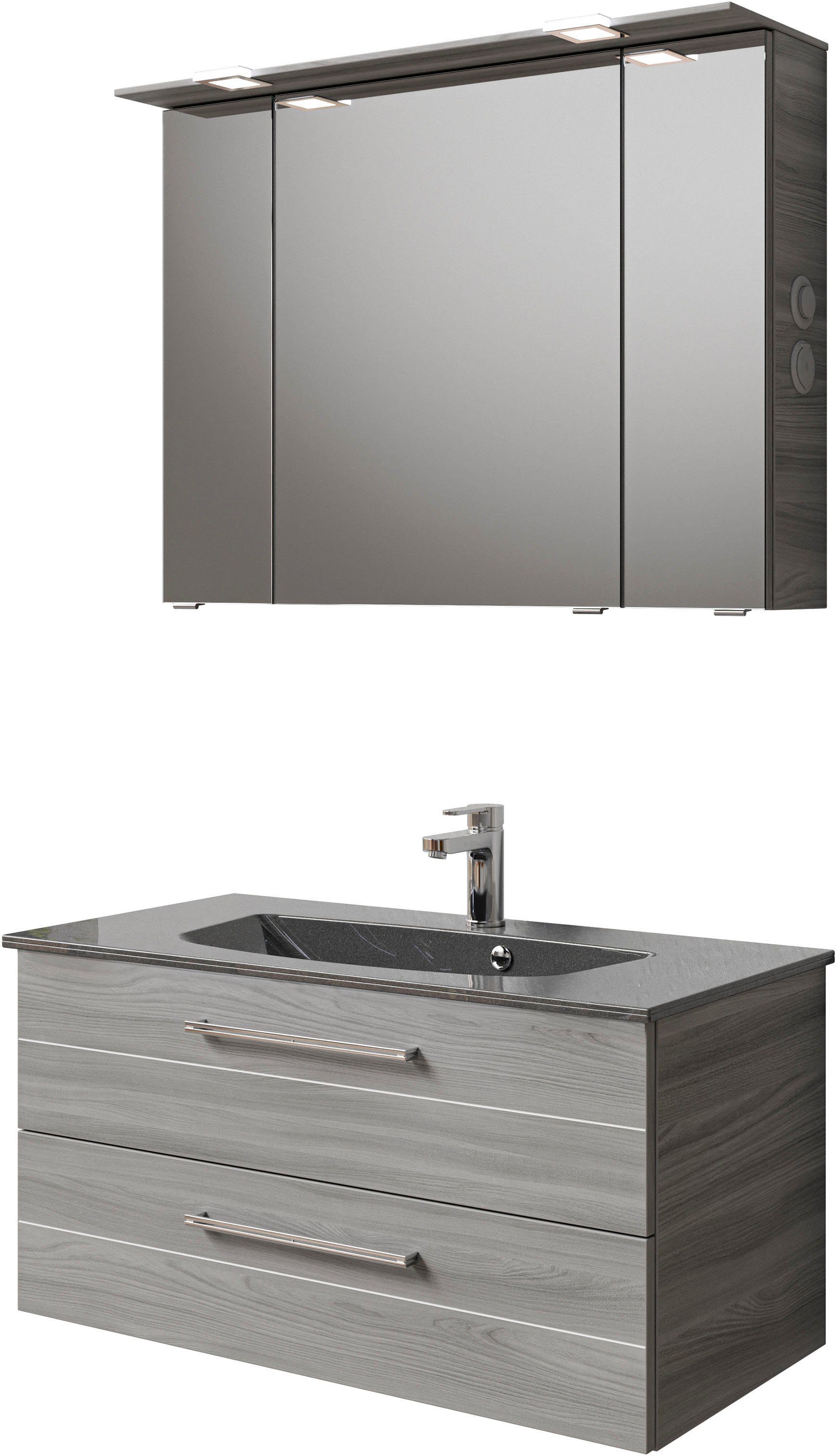 Saphir Badkamerserie Serie 6025 2-delig, mineraalmarmeren wastafel met led-spiegelkast Wastafelmeubel 97 cm breed, 2 laden, 3 spiegeldeuren, incl.