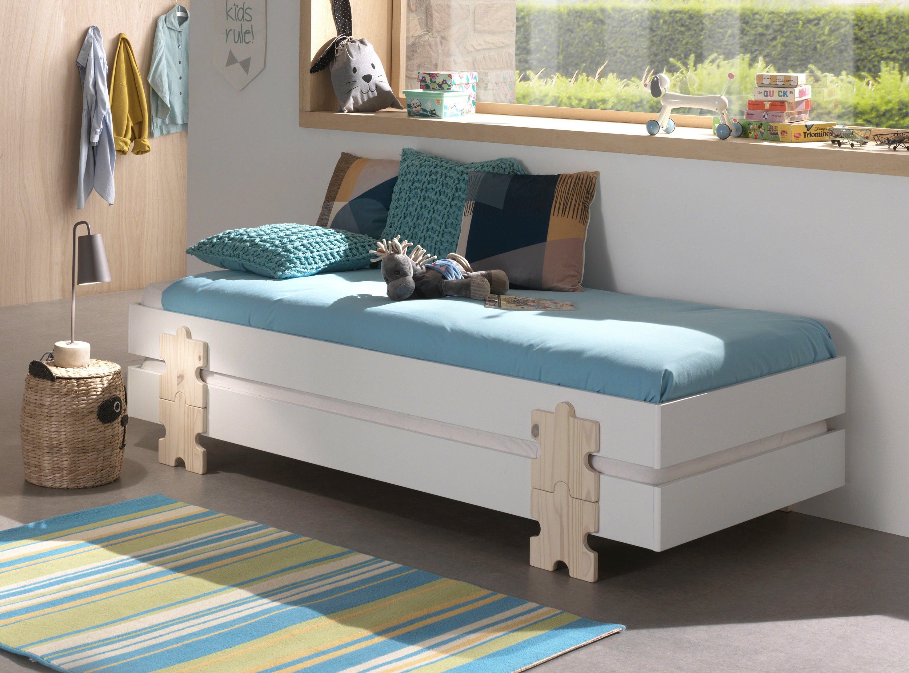Vipack Kinderledikant Modulo Tienerbed, 1-persoons, stapelbed met poten in puzzel-look